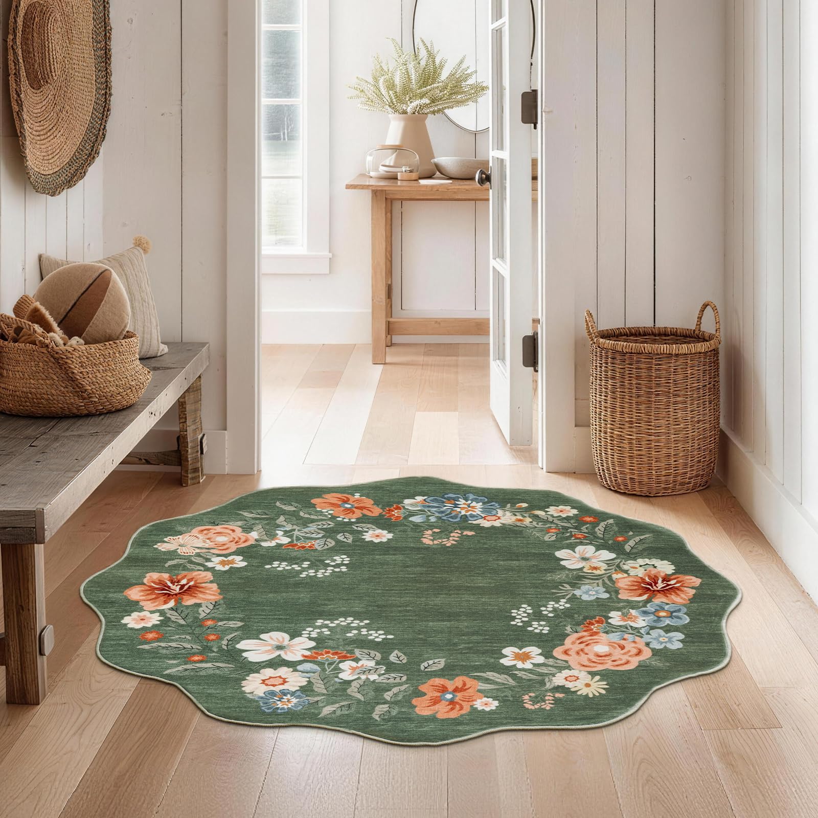 SOANNY Floral Round Rug 120 cm, Soft Washable Non-Slip Area Carpet, Small Low Pile Boho Stain Resistant Circle Mat for Entryway Bedroom Office Bathroom Office Dining, Scalloped Green