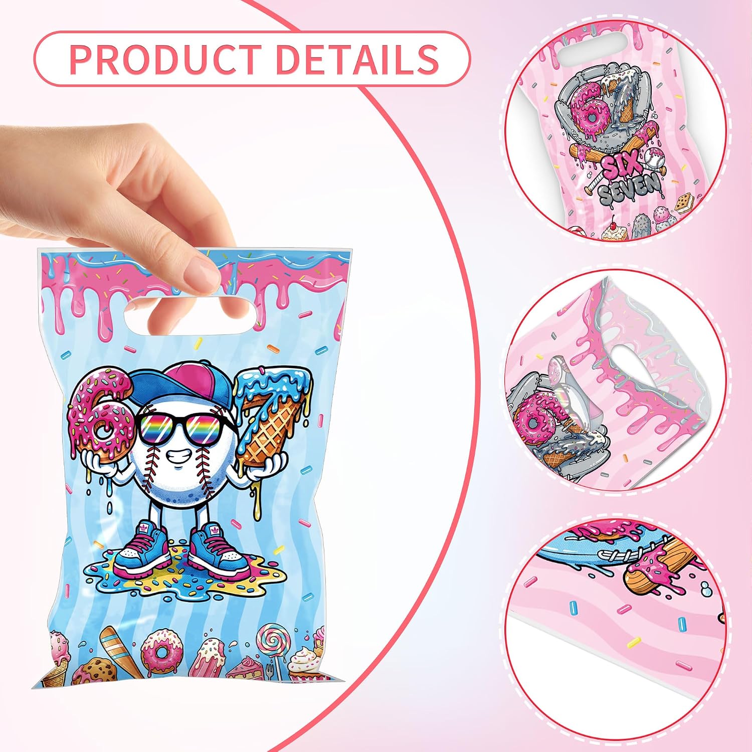 50Pcs 6 7 Birthday Gift Bag, Ice Cream Baseball Drip Party Favor Bags, 67 Meme Themed Birthday Celebration, Candy Treat Goodie Bag Party Supply image 4