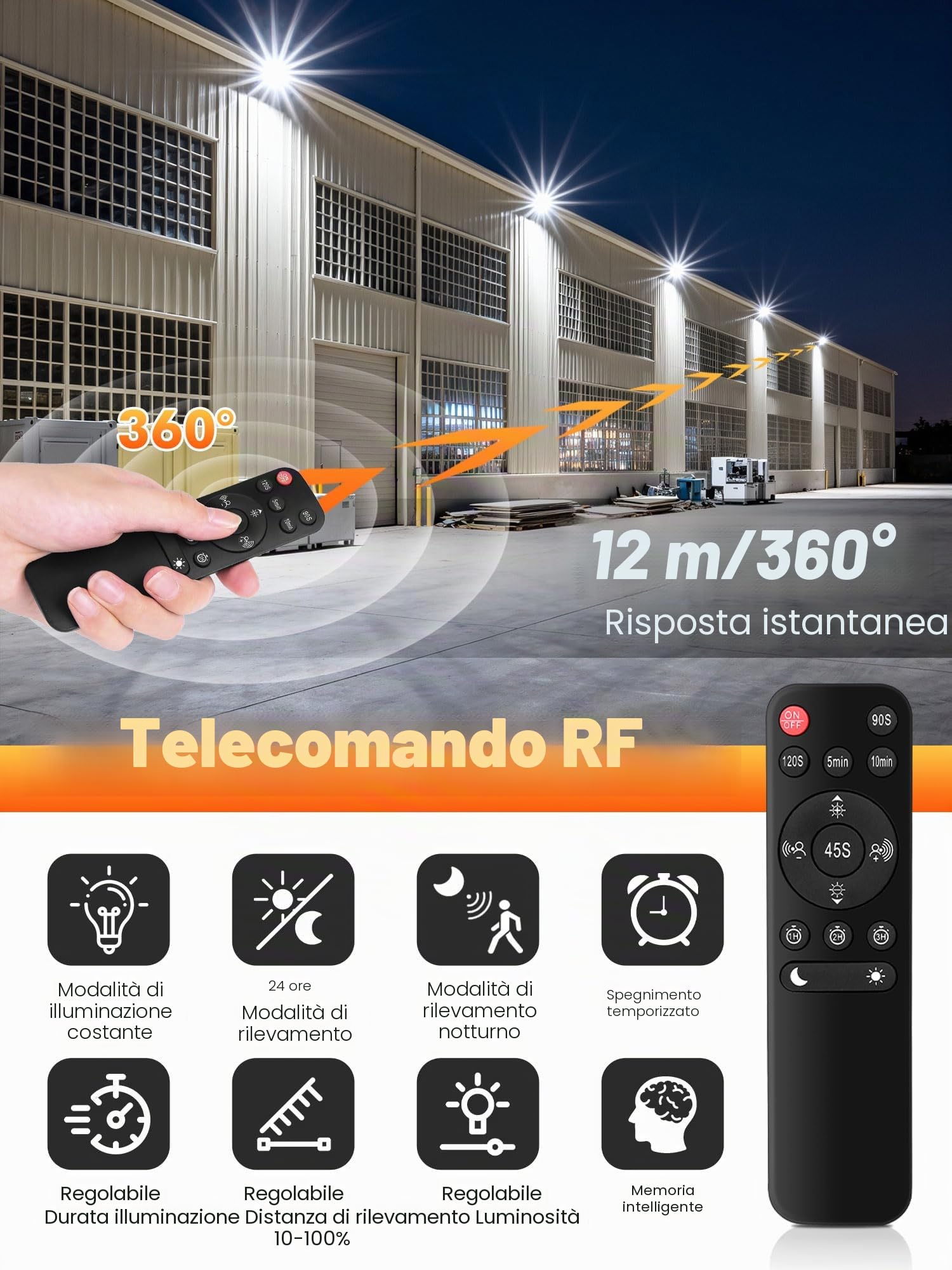 MEIKEE 42W Faretto con Sensore di Movimento 3600LM 6500K Bianca Fredda IP66 Impermeabile con Telecomando 10 Luminosità 4 Modalità 3 Timer Faro led da Esterno per Giardino Cortile Garage