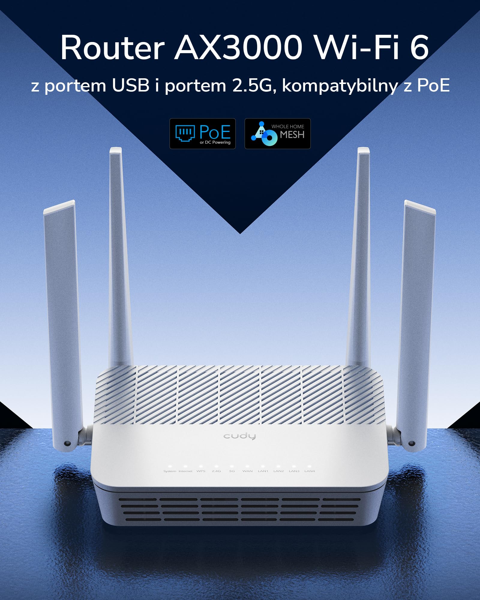 Cudy Router AX3000 WiFi 6 2,5G PoE USB VPN dwuzakresowy MU-MIMO WireGuard WR3000P