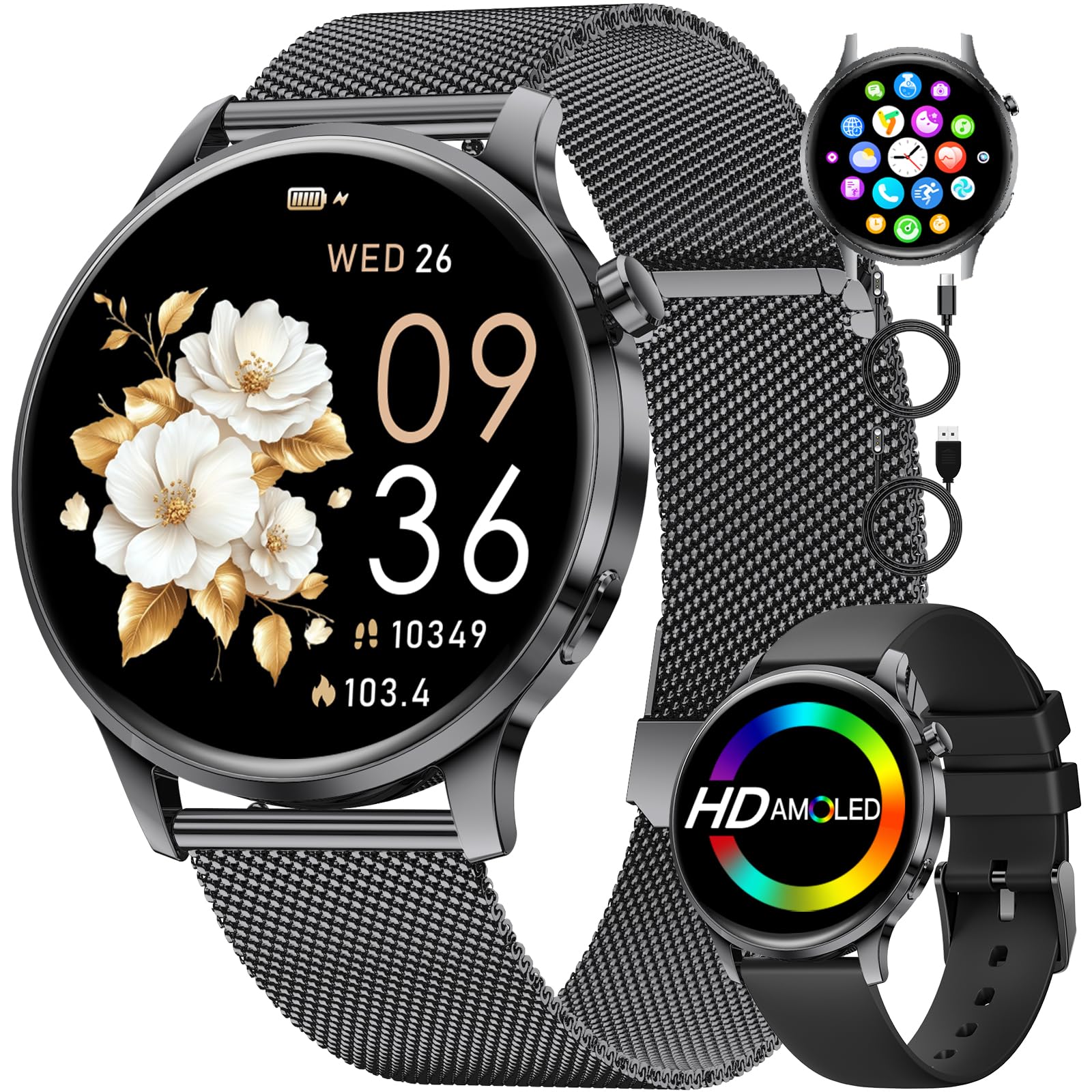 Smartwatch Damen mit Telefonfunktion, 1,32'' HD AMOLED Display Armbanduhr, 100+ Sportmodi Fitnessuhr, IP68 Wasserdicht, Schrittzähler, Herzfrequenz, Schlafmonitor, Elegante Smartwatch für iOS Android