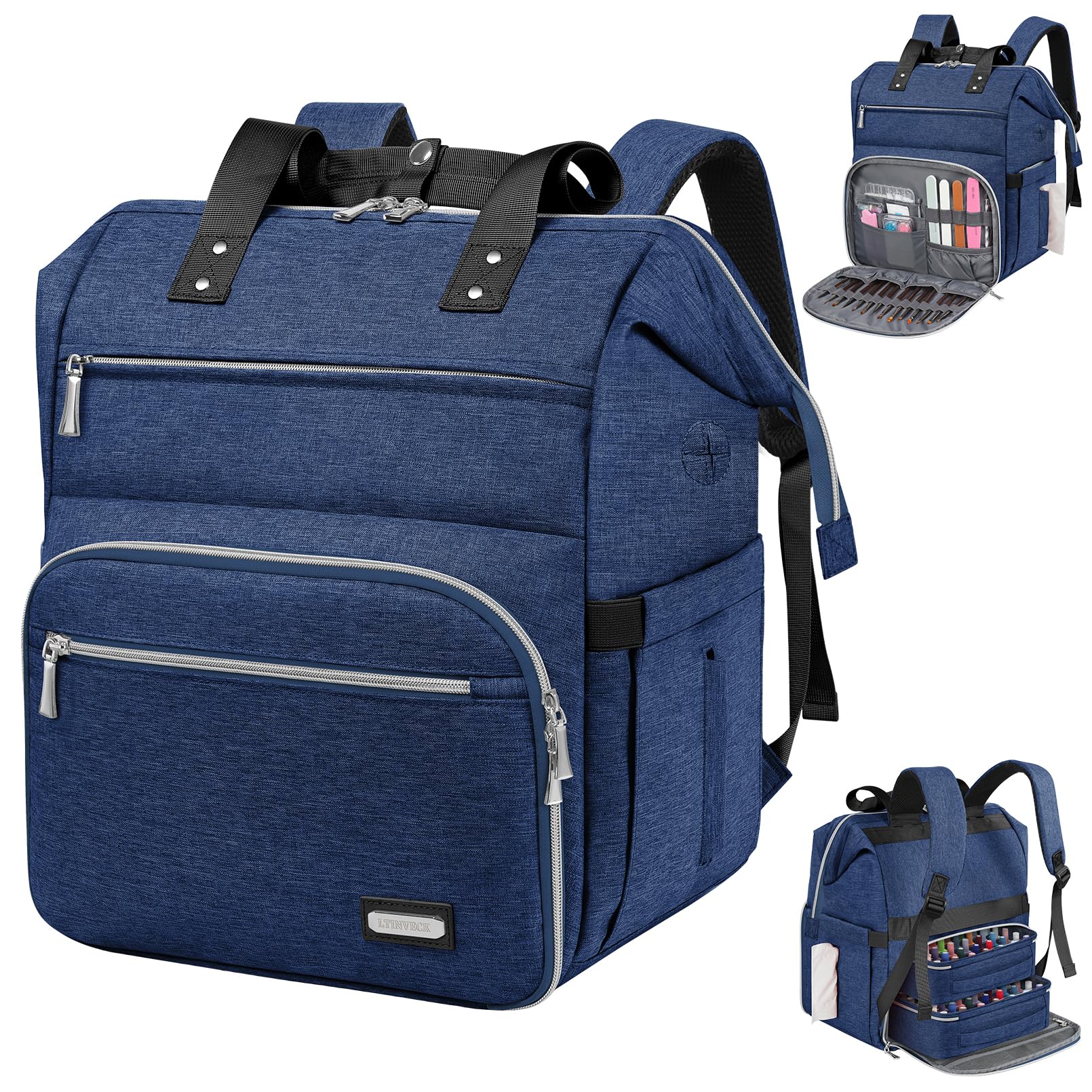 LTINVECK Nail Polish Organizer Case Backpack Holds 70 Bottles (15ml/0.5fl.oz)& Nail Lamp, 2 Layers Detachable Nail Kit Storage Case, Large Travel Nail