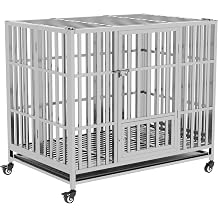 37" 42" 48" Heavy Duty Dog cage Stainless Steel Metal Kennel and Crate, Collapsible for Medium to Large Dogs, Easy to Assemble pet Pen with Four Lockable Wheels, Black Tray x42in