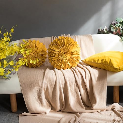 Miniatura 7 de JWH - Funda de cojín 3D con diseño de girasol, hecha a mano, flores redondas decorativas estilo rural; para sala de estar, sofá, sillón; 12