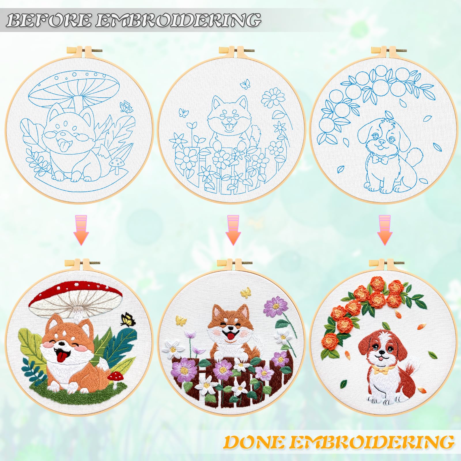 Kit De Bordado Para Principiantes - 3 Diseños De Perrito Y Flores, Incluye Herramientas E Instrucciones