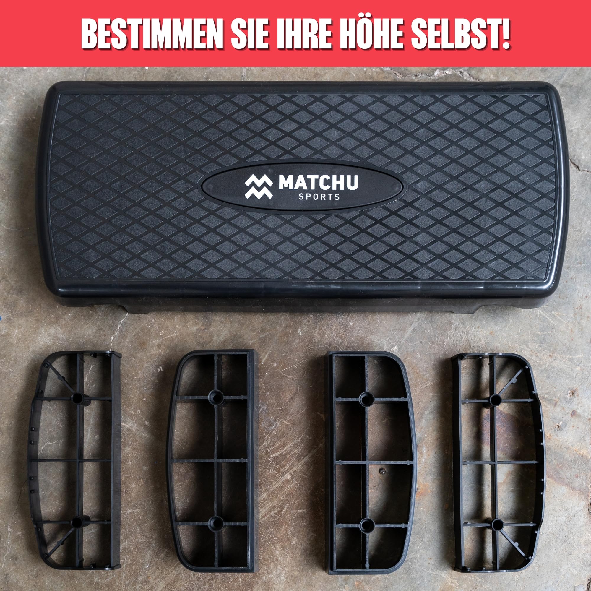 MATCHU - Steppbrett Höhenverstellbar für Fitness - Einstellbar in 9 und 14 CM - Höchstgewicht: 200 KG - Anti-Rutsch-Oberfläche - Kunststoff - Schwarz