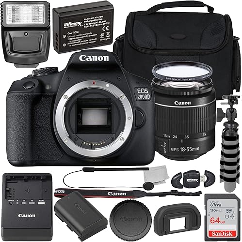 Canon EOS 2000D con lente EFS 73.031 in III con accesorio de inicio, incluye SanDisk Ultra 64GB SDXC, Dig CN2000D1855IIIGFB3 CN2000D1855IIIGFB3