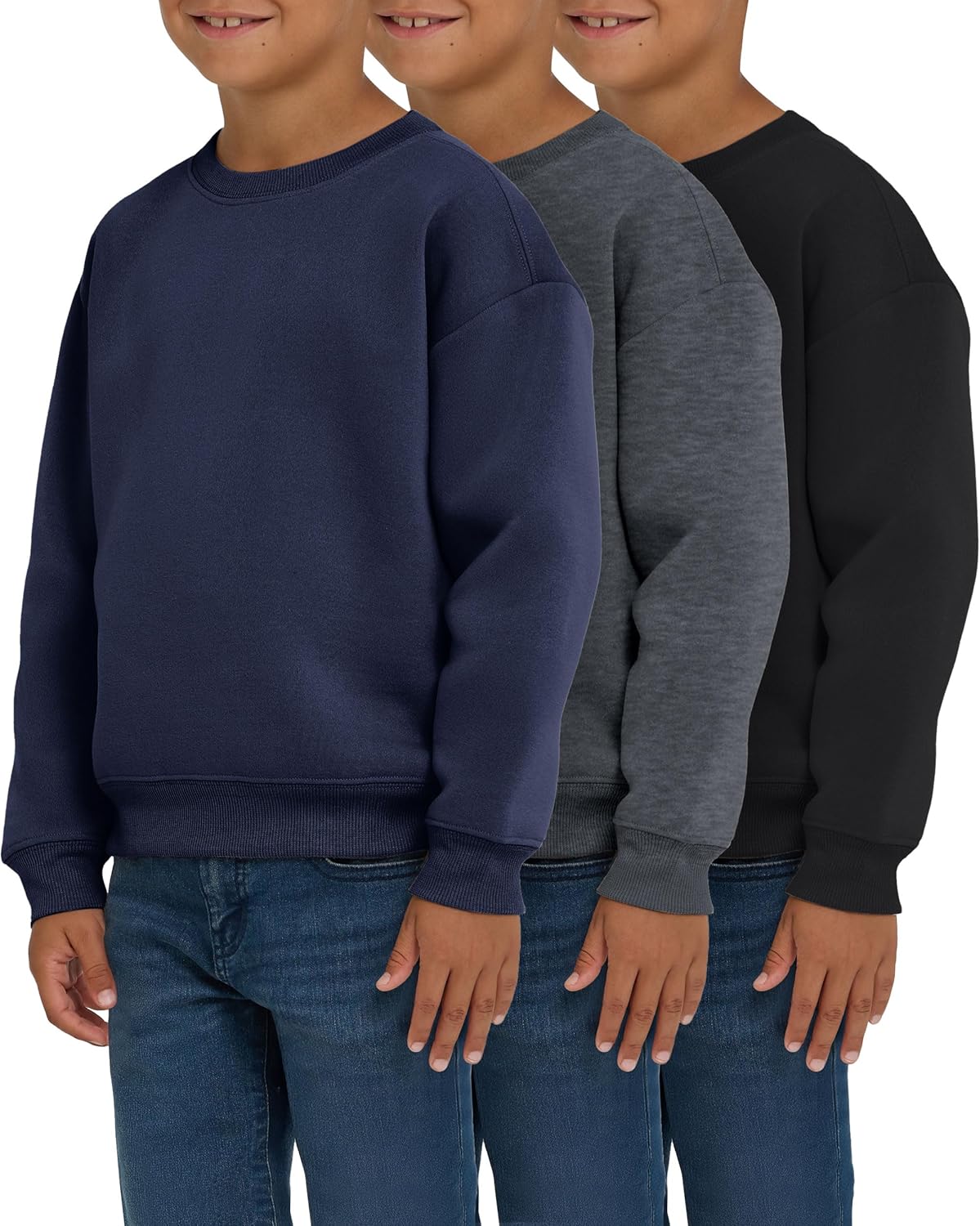 PURE CHAMP 3 Pack Boys Sweatshirts Long Sleeve Boy Crewneck Relaxed Soft Essentials Teen Pullover Sweaters For Youth Kids