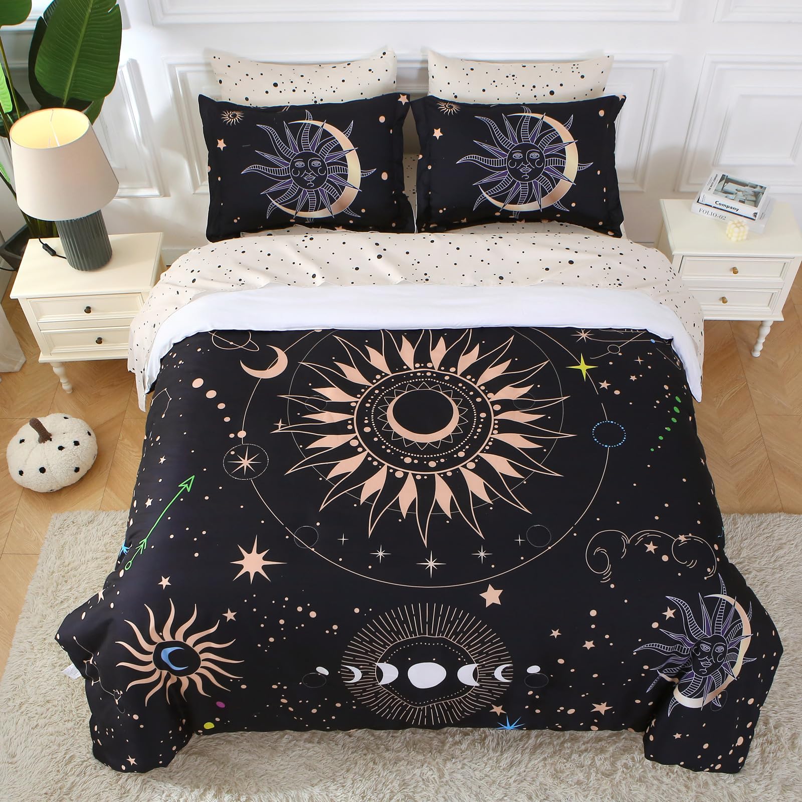 Gusuhome 7 Piece Sun and Moon Comforter Set Bed in a Bag Queen Size - Boho Celestial Constellations Bedding for Girls Women - Black Gold - Lightweight Comforter with Sheets and Pillowcases