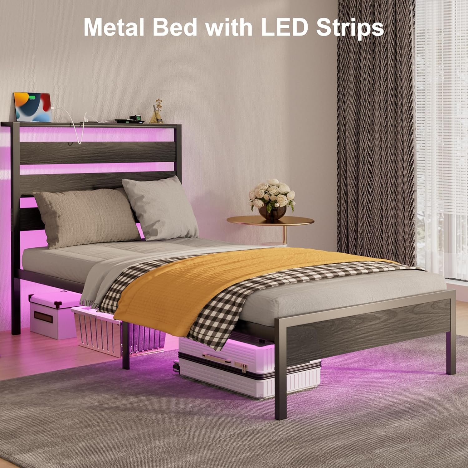 Twin Bed Frame with Headboard, Platform Bed with LED & Charging Station, Heavy Duty Metal Slats, No Box Spring Needed, Noise Free, Easy Assembly, Black - Image 6