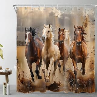 LB Horse Shower Curtain Western Desert Running Horse Bathroom Shower Curtain Wild Farm Animal and Grey Sky Bathroom Decor with Hooks 72Lx72W Inch Polyester Fabric Bath Curtains