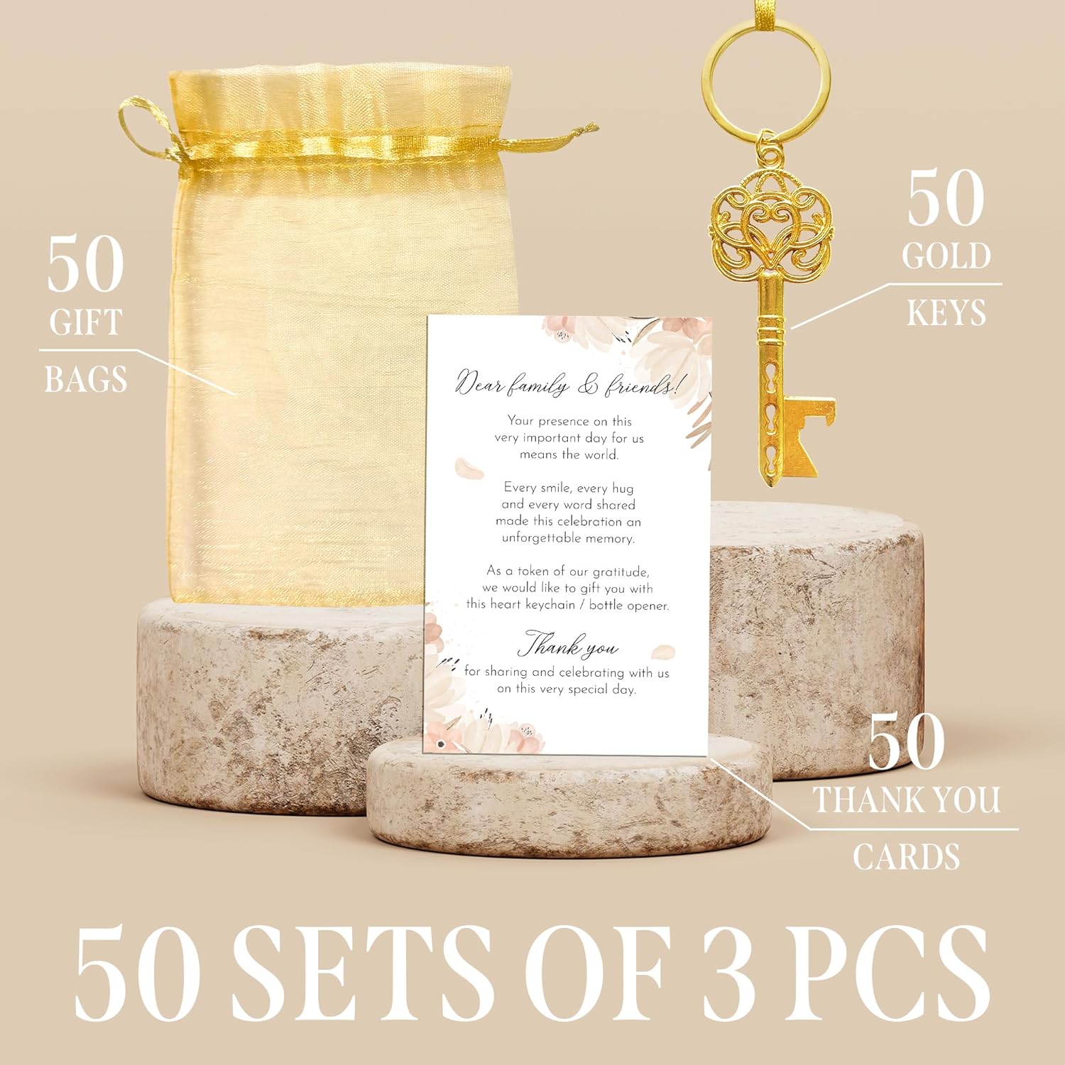 Simply Party - Favors for Guests, 50 Pack Gold Keychains Party Favors in Bulk, Accompanied by a Thank you Card, Gift Bag, with Elegant Cream Design, Baby Shower, Bridal Shower, Birthday Party, Wedding