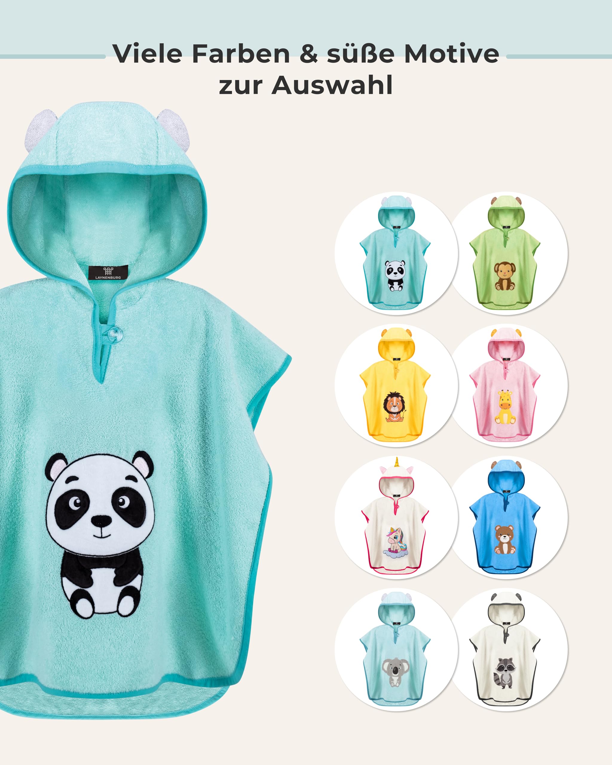 LAYNENBURG Ponczo kąpielowe premium dla dzieci z kapturem – 100% bawełna – Öko-Tex – dla chłopców i dziewczynek, ponczo frotte, Turkusowy - Panda, 3-5 lat