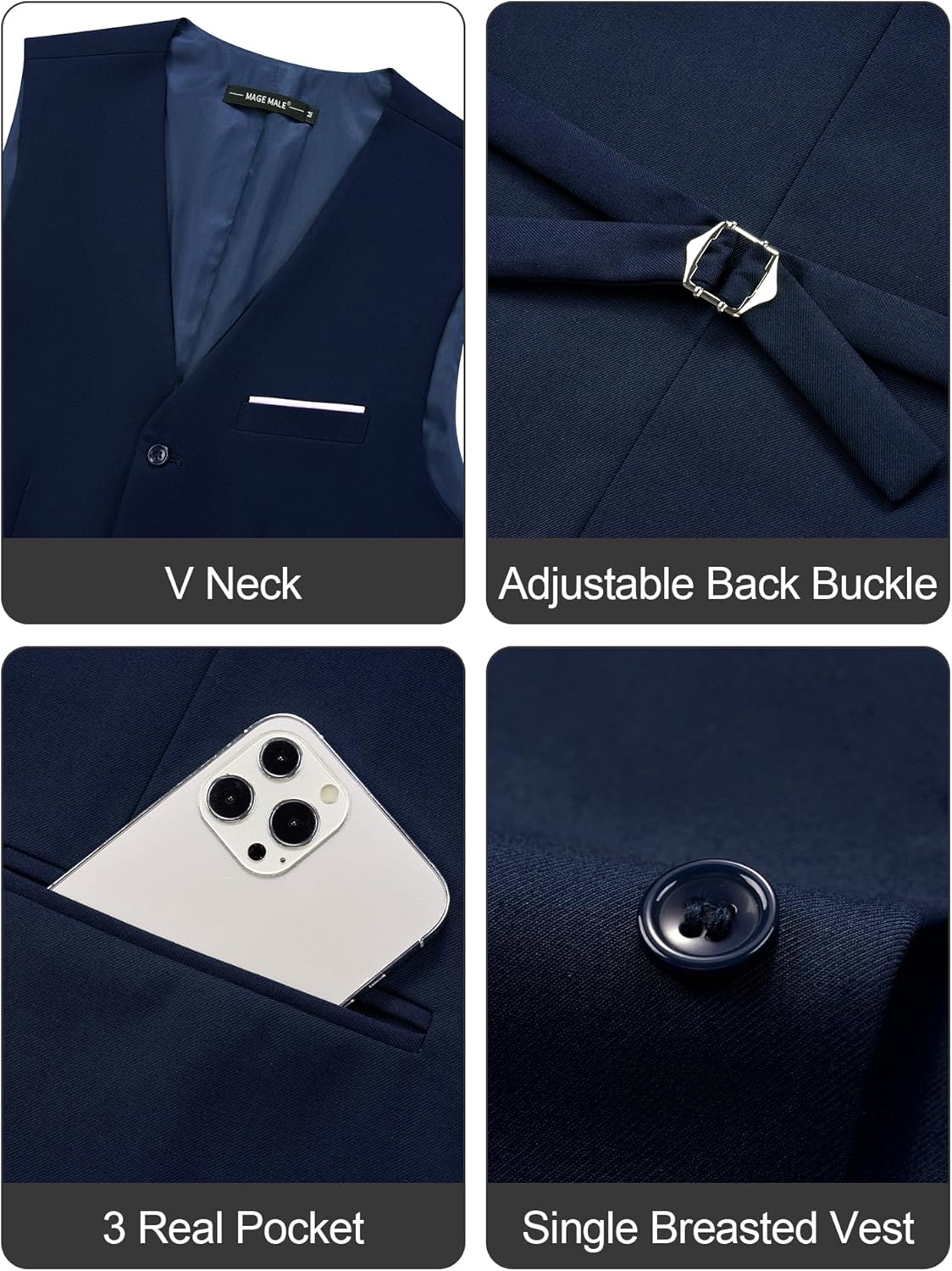 MAGE MALE Men's Suit Vests Casual Formal Dress Vest Business Slim Fit Waistcoat Vest with 3 Real Pockets for Suits Tuxedo - Image 6