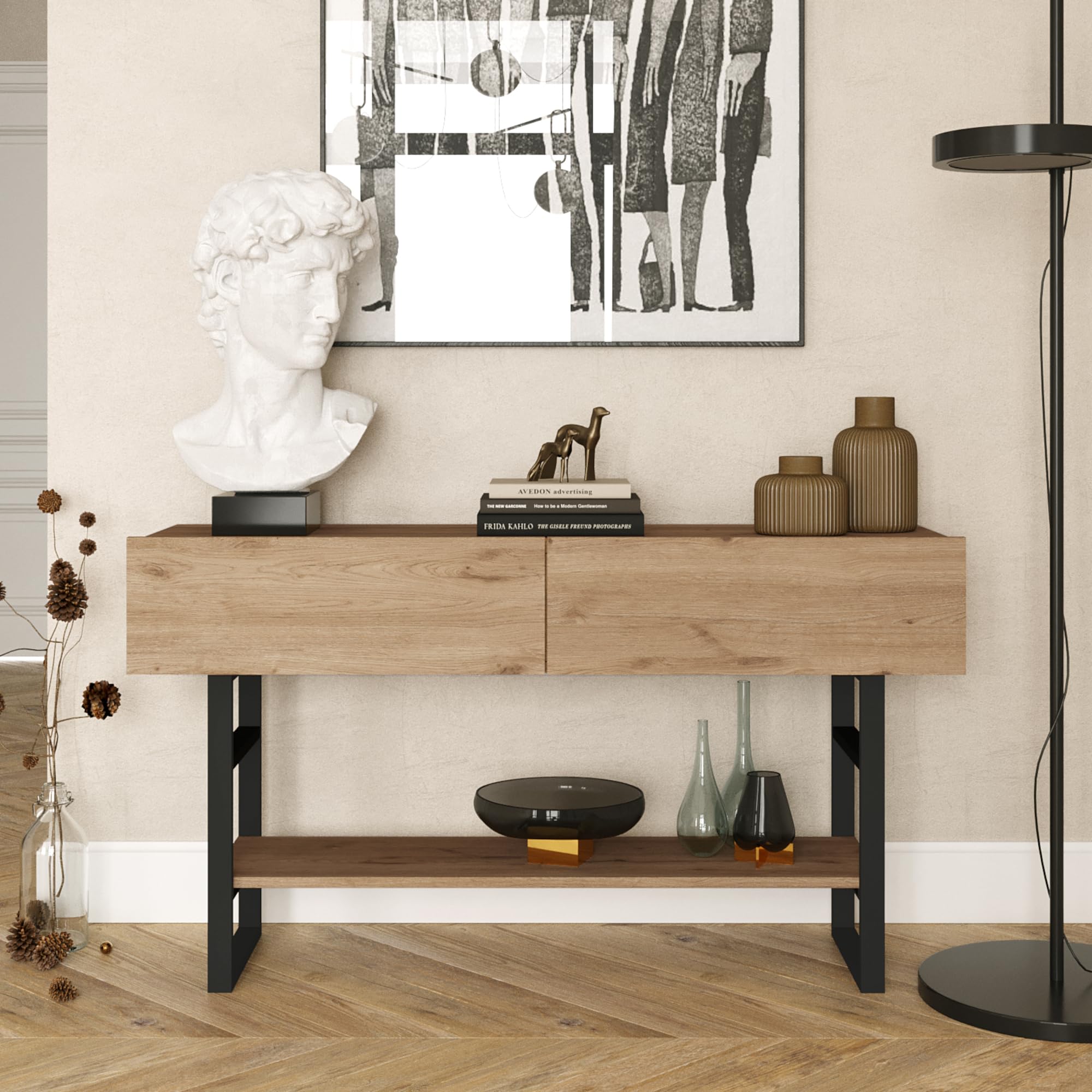 [en.casa] Tavolo Consolle Mobile Contenitore con Ripiano e Scomparti Chiusi con Ante a Ribalta Gambe in Metallo Mobile da Soggiorno Corridoio 76 x 139 x 43 cm- Effetto Rovere/Nero