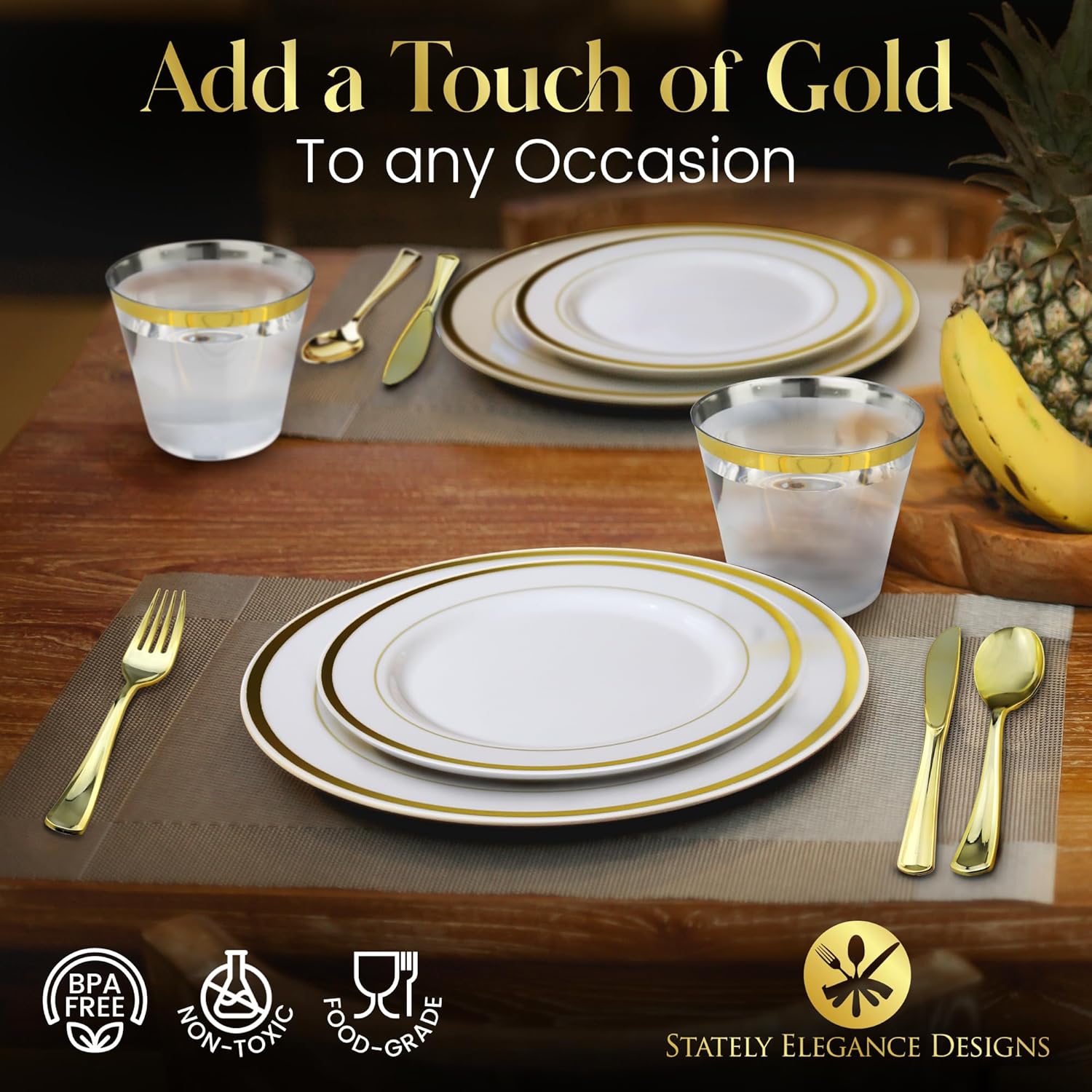 600 Piece Disposable Plastic Gold Dinnerware Set - 200 White and Gold Plates - 300 Silverware - 100 Cups for Party or Wedding up to 100 Guests