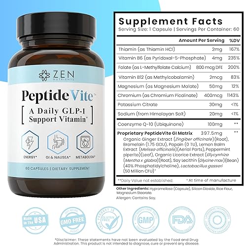 Miniatura 4 de Zen Nutrients PeptideVite GLP-1 Vitamina de apoyo para la salud intestinal con probióticos, bromelina, picolinato de cromo y jengibre orgánico (60