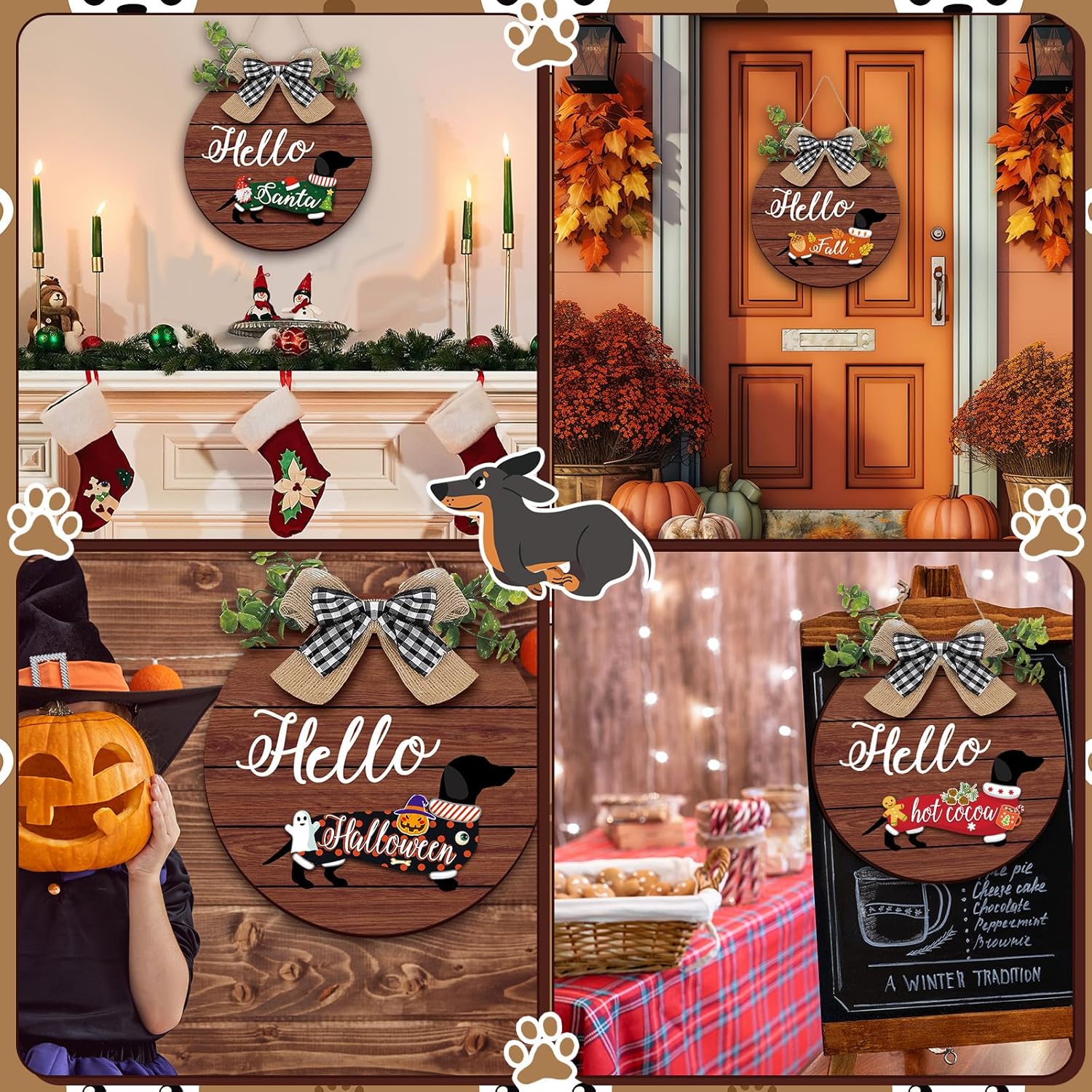 Glenmal 16 Pcs Seasonal Dachshund Door Decor for All Season and Holiday, Cute Interchangeable Hanging Holiday Welcome Sign Rustic Wooden Farmhouse Front Door Outdoor Signs(Dark Wood Grain)