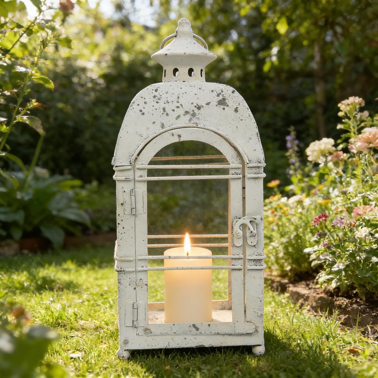 Vintage Farmhouse Metal Candle Lantern Rustic Distressed Lanterns Indoor & Outdoor Decor Hanging Candle Holder Lantern for Garden Front Porch Patio Wedding Christmas White（NO Glass）
