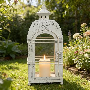 Vintage Farmhouse Metal Candle Lantern Rustic Distressed Lanterns Indoor & Outdoor Decor Hanging Candle Holder Lantern for Garden Front Porch Patio Wedding Christmas WhiteNO Glass