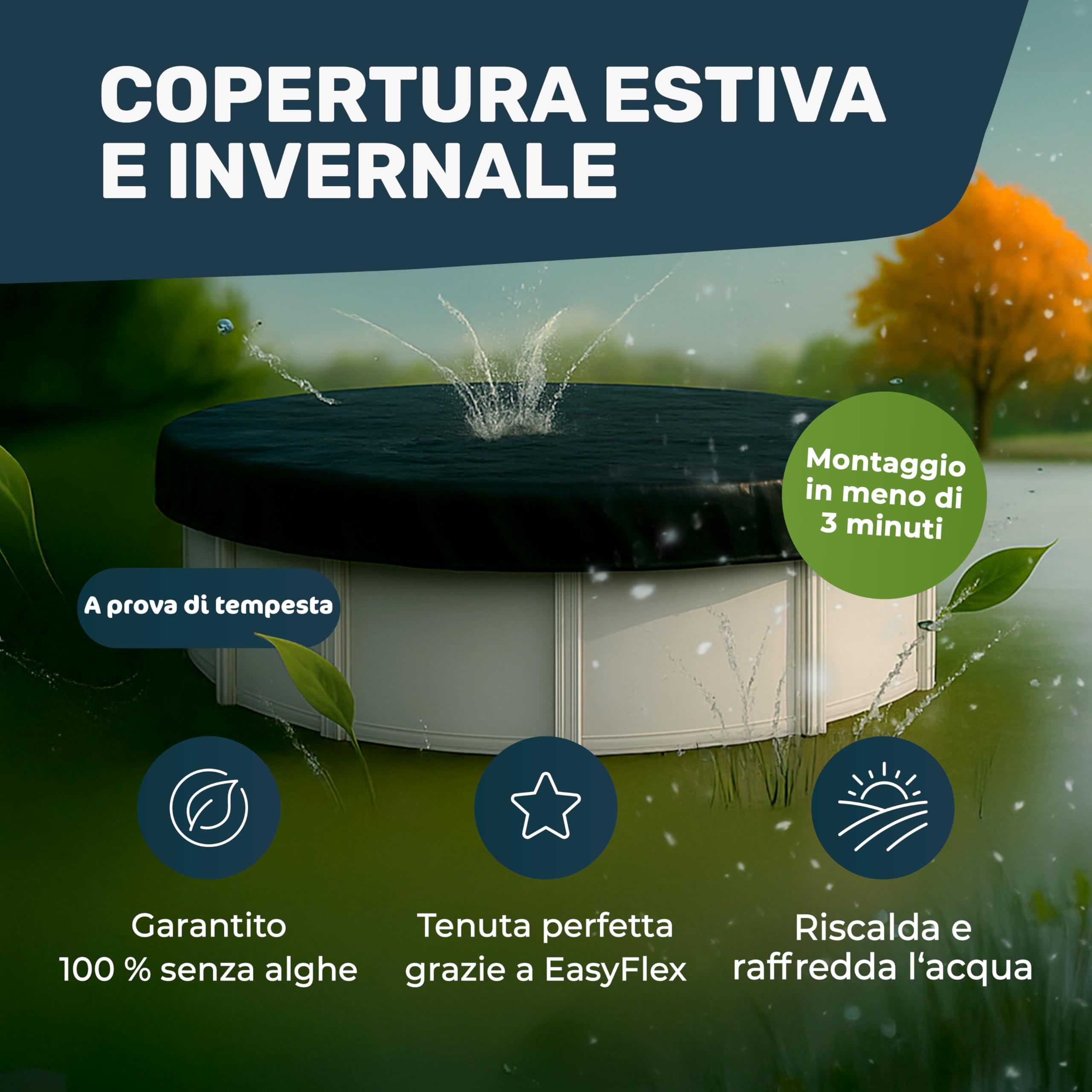 Copertura per piscina telo da silo 6x6m + chiusura EasyFlex® | Telo copripiscina oscurante contro le alghe | Copertura estiva e invernale per piscine rotonde Ø 420–520 cm