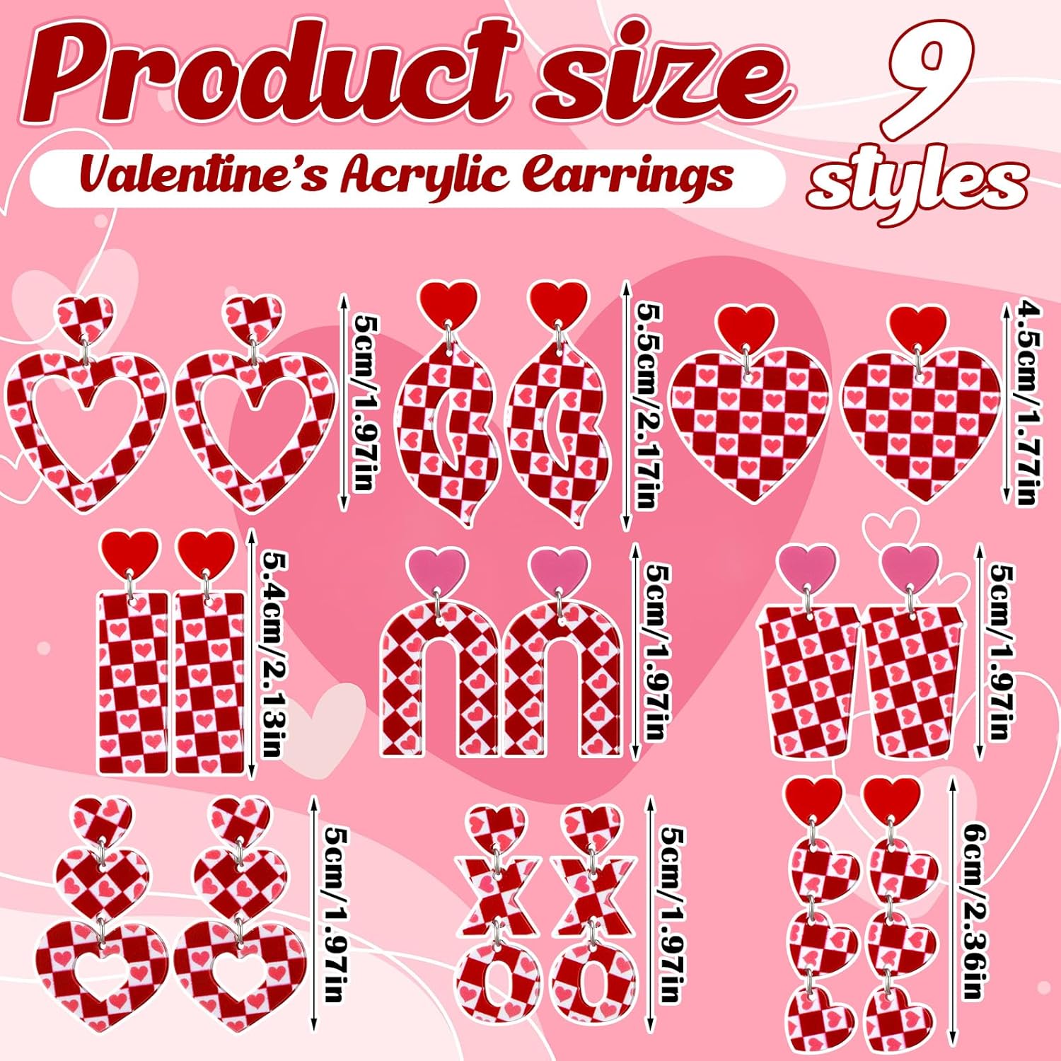 Tondiamo 9 Pairs Red and Pink Heart Earrings Gift for Women Bulk Heart Plaid Acrylic Dangle Drop Earrings Jewelry Creative Funny Accessories for Date Wedding Holiday Birthday Party Favors - Image 2