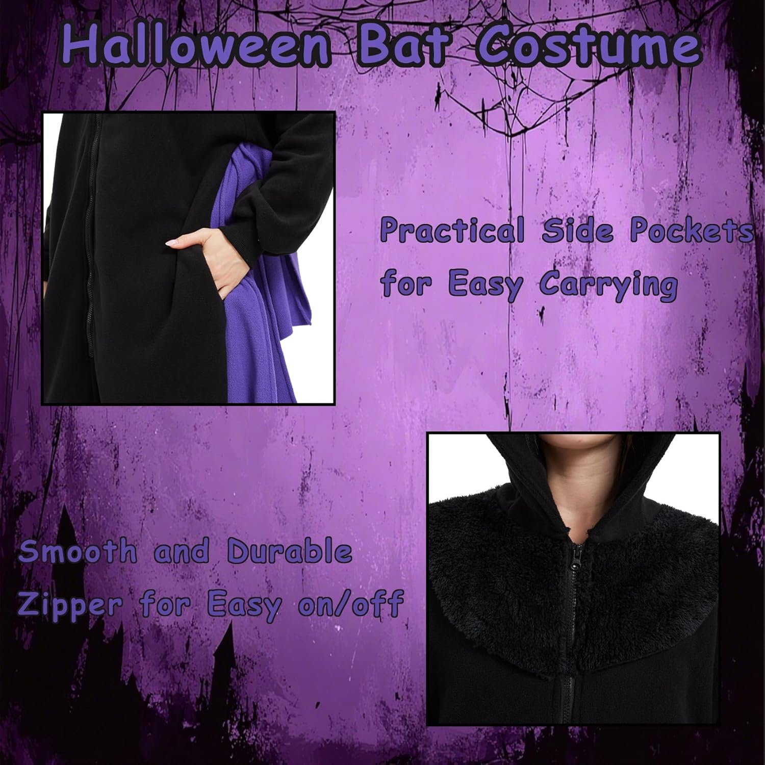 Adult Bat Onesie Costume with Wings Halloween Animal Cosplay One-Piece Pajamas for Women and Men - Image 4