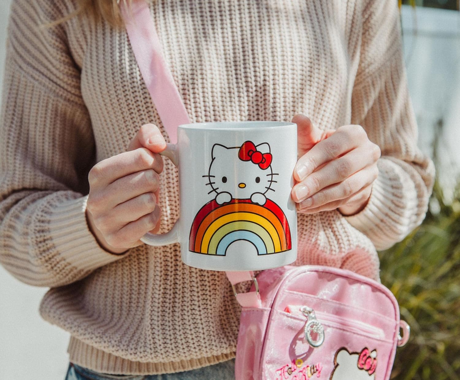 Silver Buffalo Sanrio Hello Kitty Rainbow Peek Ceramic Mug | Coffee Cup For Espresso, Tea, Cocoa | Holds 20 Ounces
