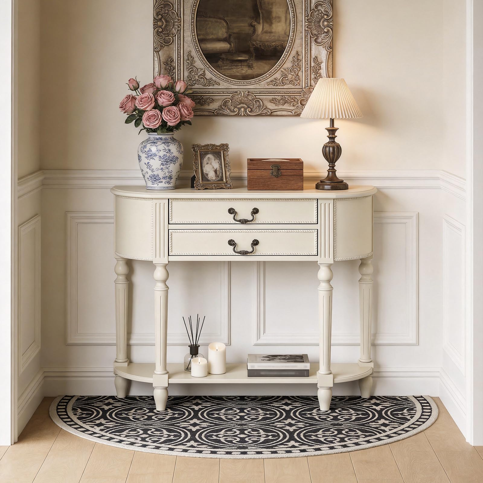 Mesa consola de media luna rústica para pasillo con madera maciza vintage