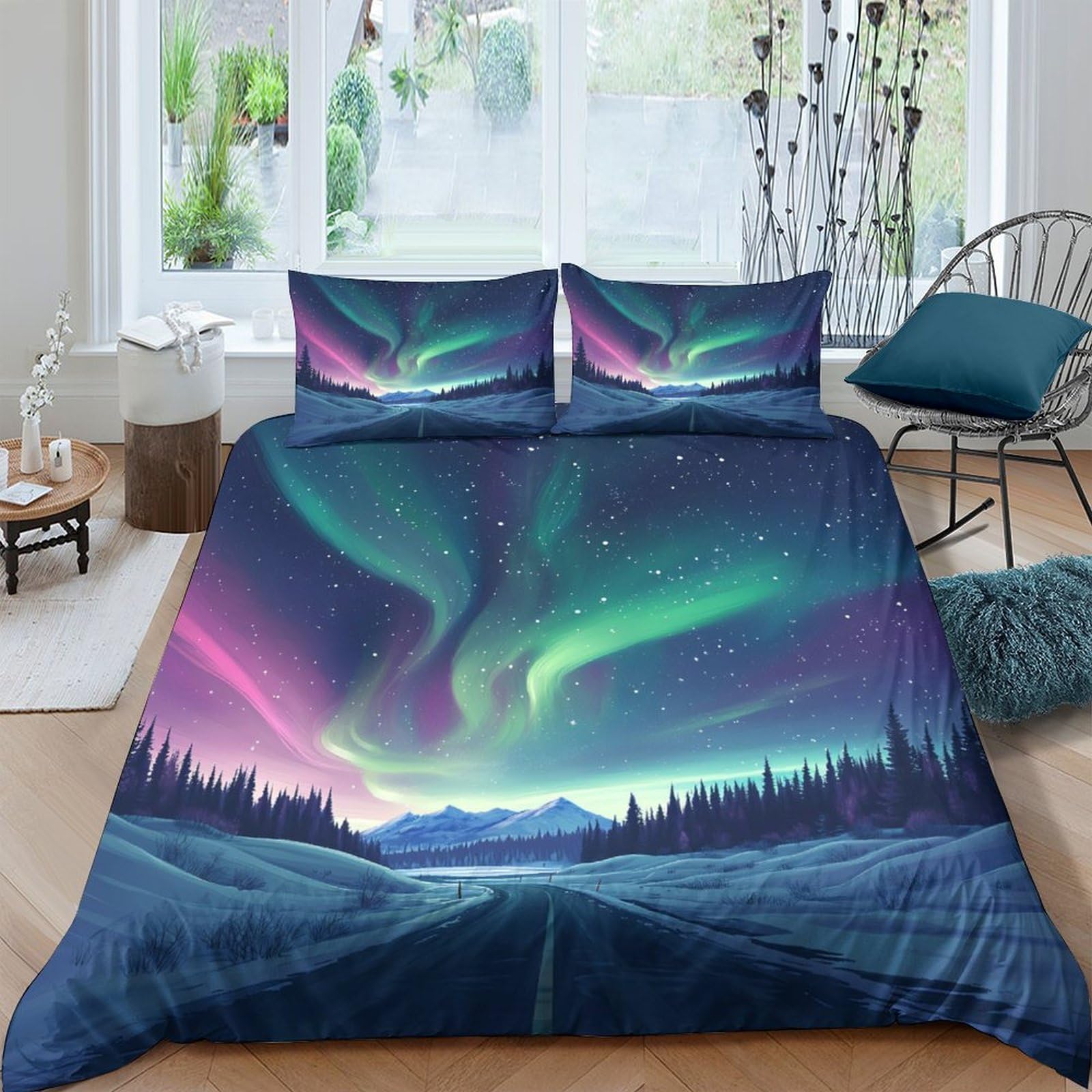 Ctjqhvkz Style-6 3D Printed Aurora Borealis Fitted Sheet Microfiber Soft Decor Northern Lights Bed Cover For Bedroom Guest Room Single（135X200cm）
