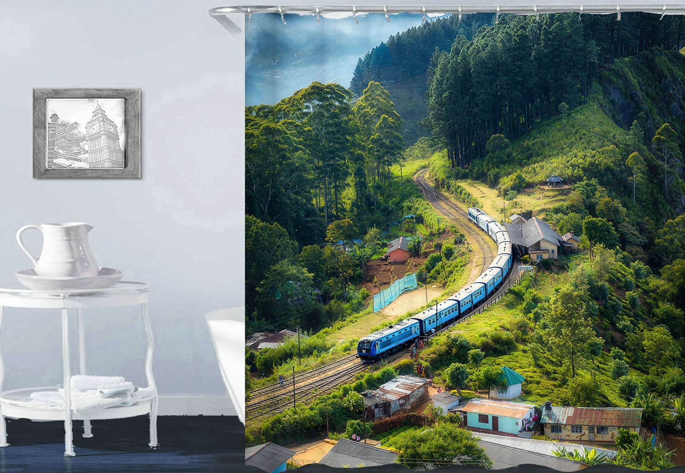 Rideau douche polyester vert 150x200cm imperméable avec motif paysage montagne train