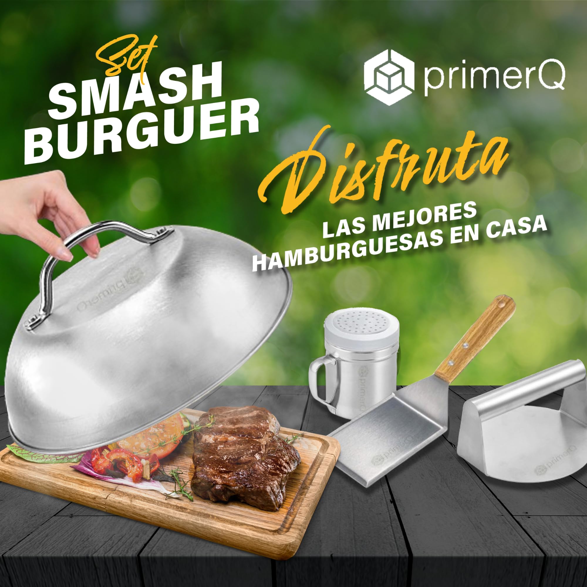 Smash Burger Set XL Profesional - Kit 5 Piezas utensilios de Acero Inoxidable + 50 Papeles Antiadherente - Certificado EU alimenticio - Prensa Hamburguesa - Smasher Premium -mazos carne