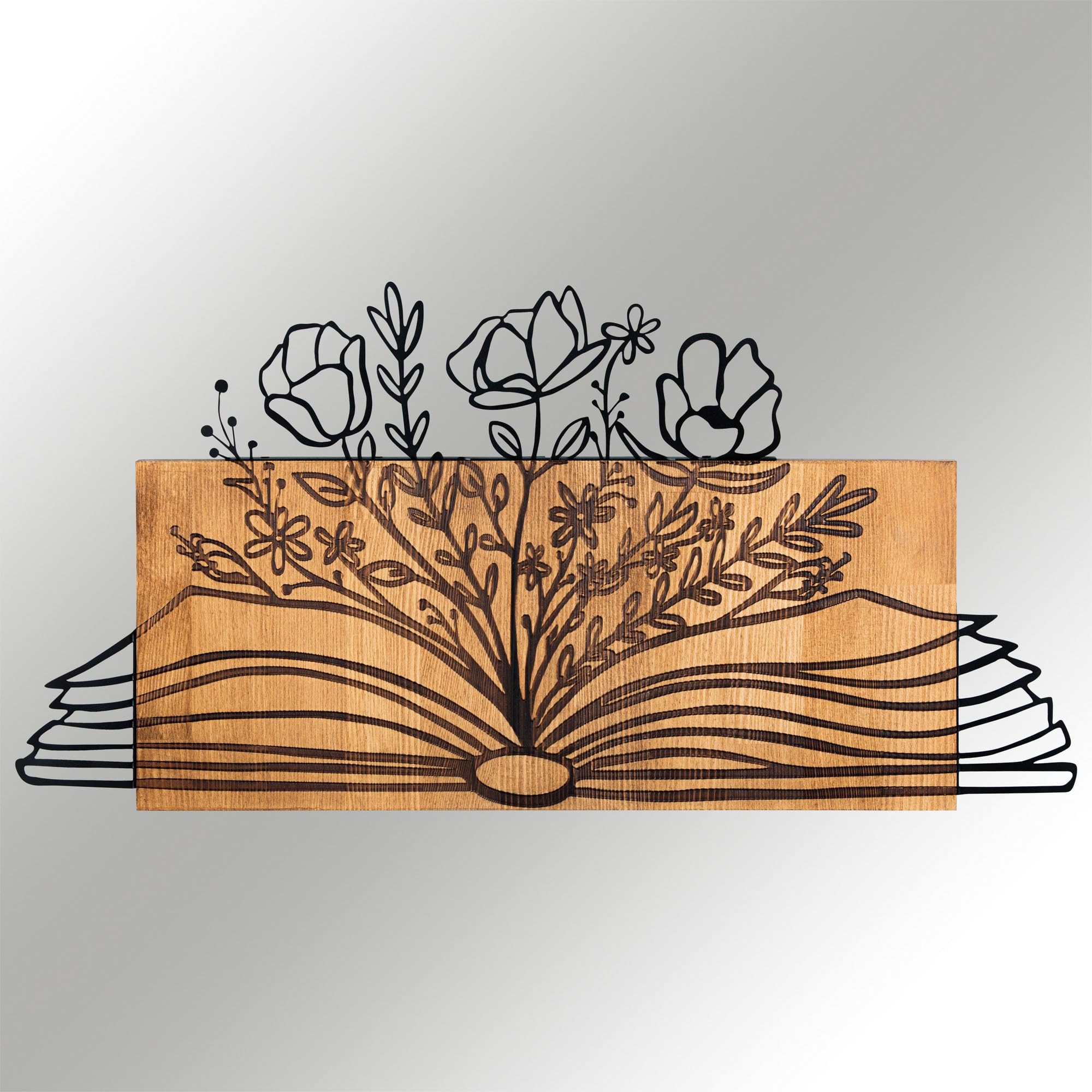 Wallity Elegante accessorio decorativo da parete in legno, 74 x 37 cm, telaio in 100% metallo (1,2 mm) e legno solido (3 cm), design elegante nero e noce per la decorazione della casa