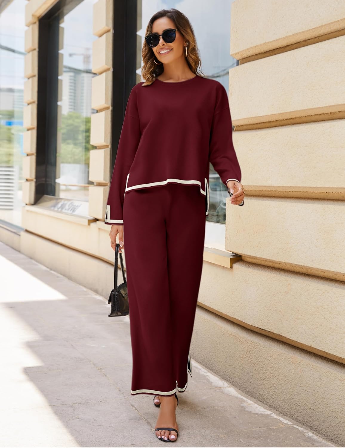 Tanming Women's 2 Piece Outfits Long Sleeve Knit Sweater Top Wide Leg Pants Lounge Sets Tracksuits - Image 5