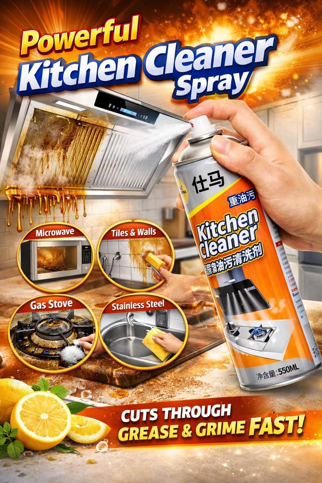 COOKVITA Kitchen Cleaner Spray for Grease & Oil Stains, Multipurpose Kitchen Degreaser for Gas Stove, Chimney, Microwave & Tiles, Heavy Duty Kitchen Cleaning Foam Spray (500 ml) 3