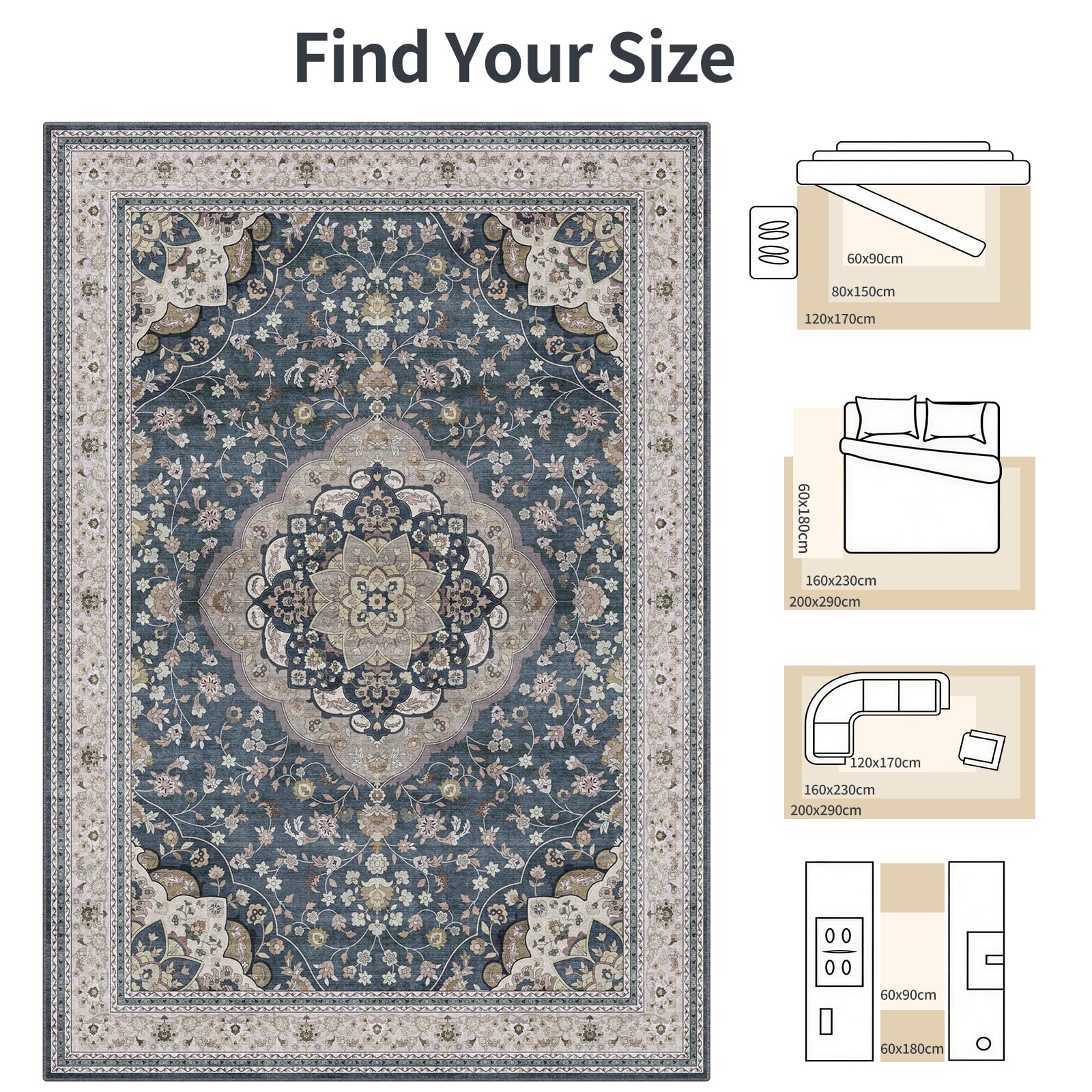 Vintage Entryway Rug 60x90cm Blue Rugs for Hallway Bedroom Doorway Bedside, Dark Blue, 60 x 90 cm (Rectangular) - Image 9