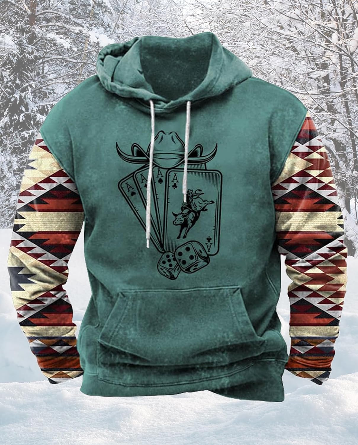 Western Hoodie for Men Aztec Cowboy Printed Drawstring Pullover Hooded Sweatshirt Mens Comfy Fleece Sweatshirt - Image 3
