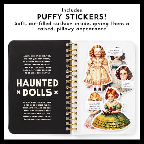 Brass Monkey Haunted Dolls – Sticker Book with 18 Pages of Traditional Vintage Inspired Haunted Doll Stickers and 2 Pages of Puffy Stickers (A Sticker Book)