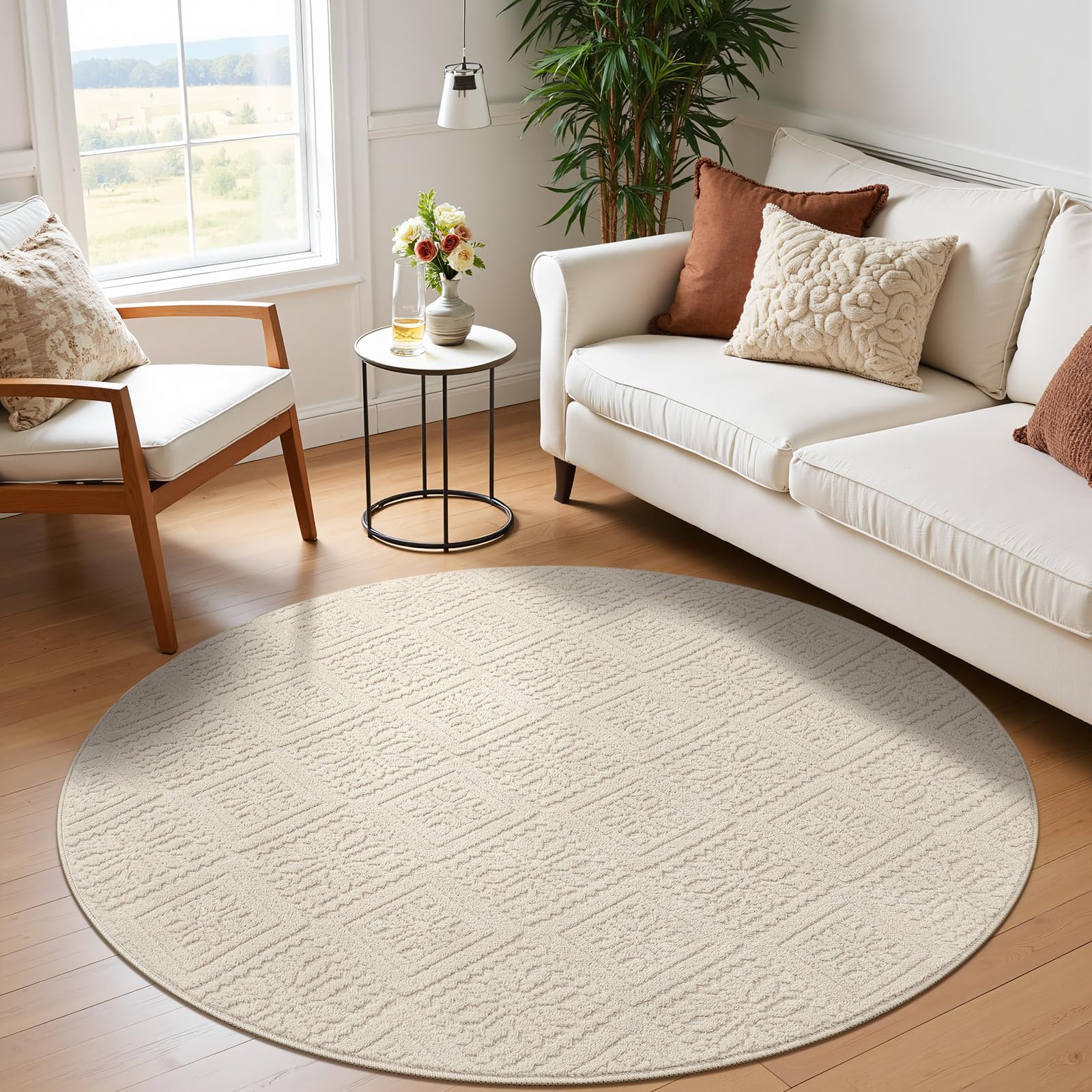 SHACOS Round Rugs Living Room 120 cm, Washable Circle Rug Non Slip, Beige