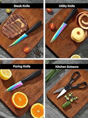 Miniatura 4 de Aiheal Juego de cuchillos, 16 piezas de acero inoxidable de alto carbono, juego de cuchillos de cocina de color arcoíris, hoja de revestimiento