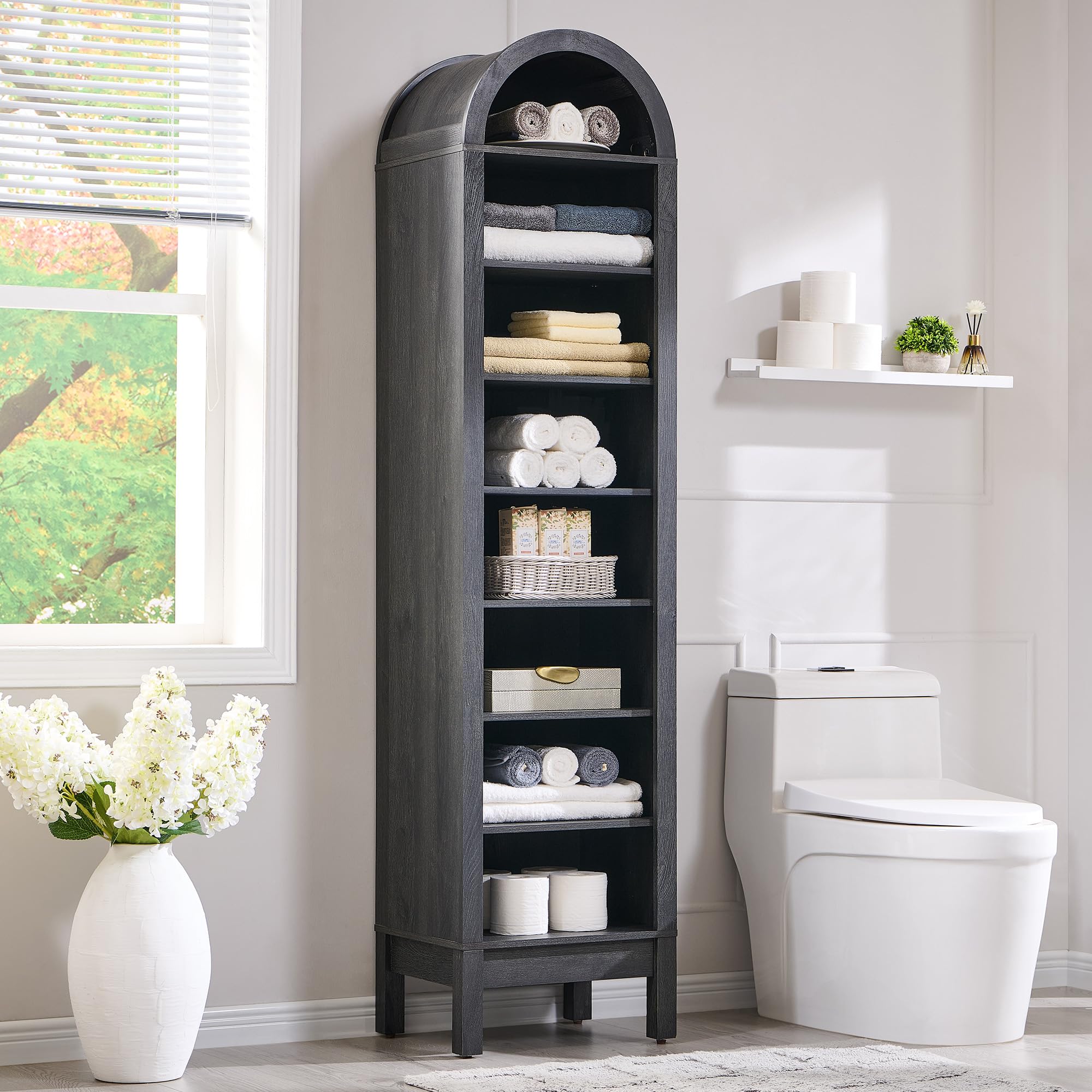 71" tall arched bathroom storage cabinet, 8-tier modern farmhouse storage cabinet with adjustable shelves, wood freestanding cabinet for bathroom, living room, entryway, hallway 