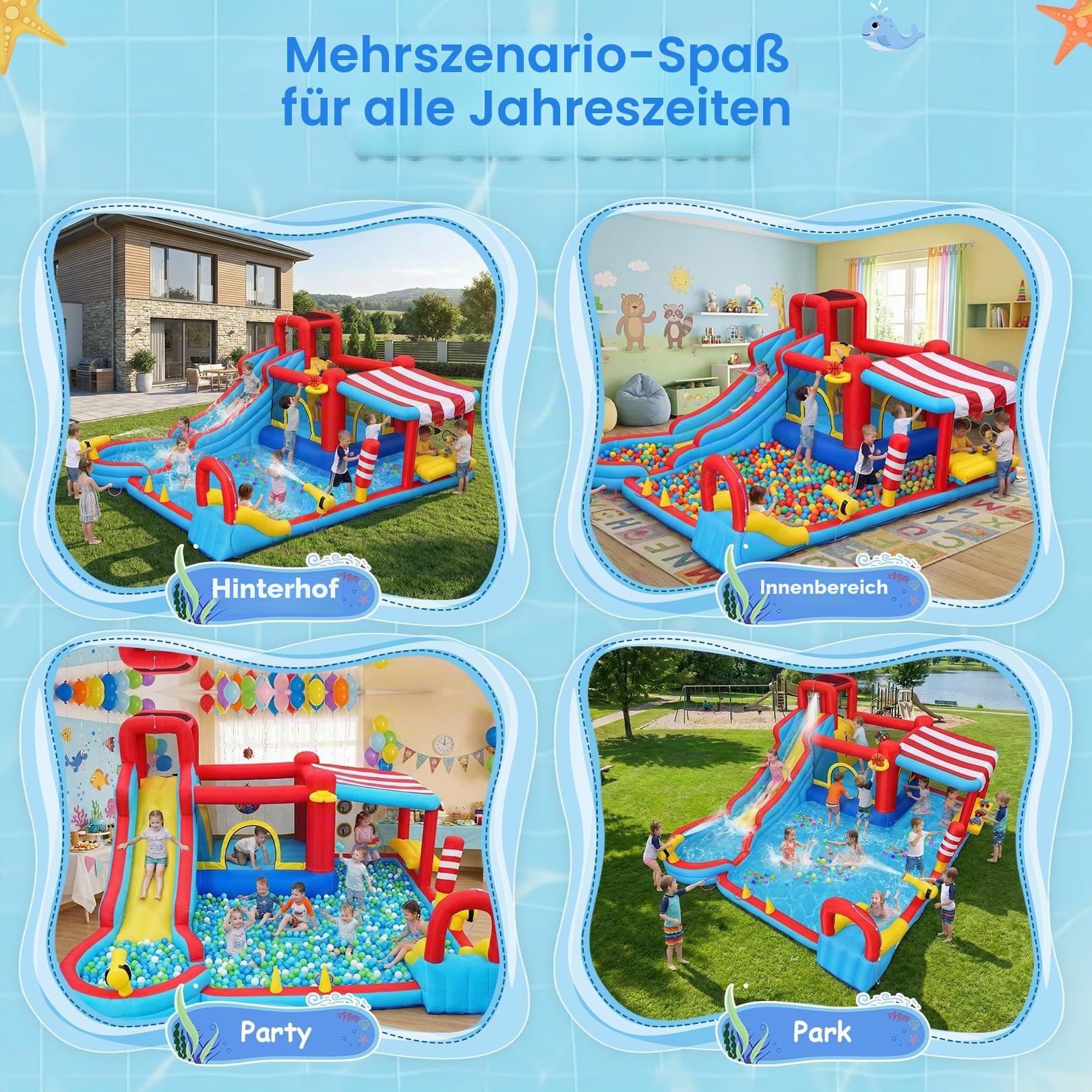 Aufblasbare Wasserrutsche 15‑in‑1 Hüpfburg Wasserpark mit Langer Rutsche & großem Pool, Snack‑Stand mit Sonnendach, Mini‑Rutsche, Sprühnebel & Wasserkanonen für Kinder, Garten Outdoor Party Geschenk