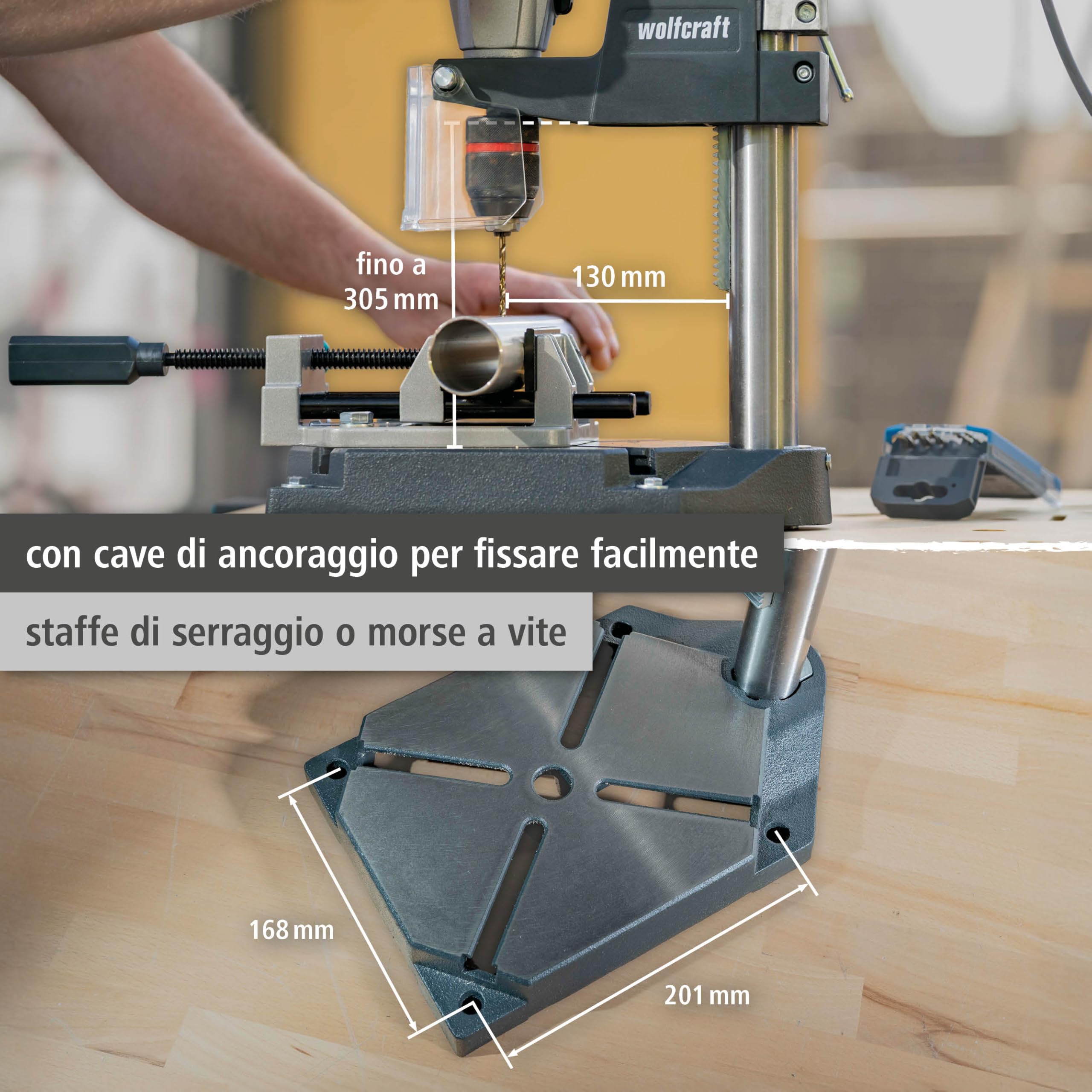 wolfcraft Colonna per Trapani PRO, Attacco Euronorm Ø 43 mm | Profondità Foratura 130 mm, Corsa 80 mm, Colonna Ø 40 mm per Forature Controllate e Lavori in Serie