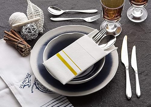 Miniatura 4 de Servilletas desechables de tela con bolsillo integrado para cubiertos, para fiesta de boda, lino blanco y dorado, preplegado para cubiertos, 200