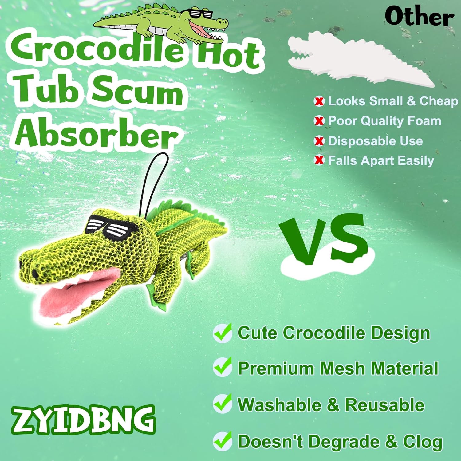 Crocodile Hot Tub Scum Absorber Reusable Washable Hot Tub Sponge Scum Absorber for Spa Hot Tub Oil Scum Absorber Hot Tub Accessories for Adults (3 Pack, Crocodile)