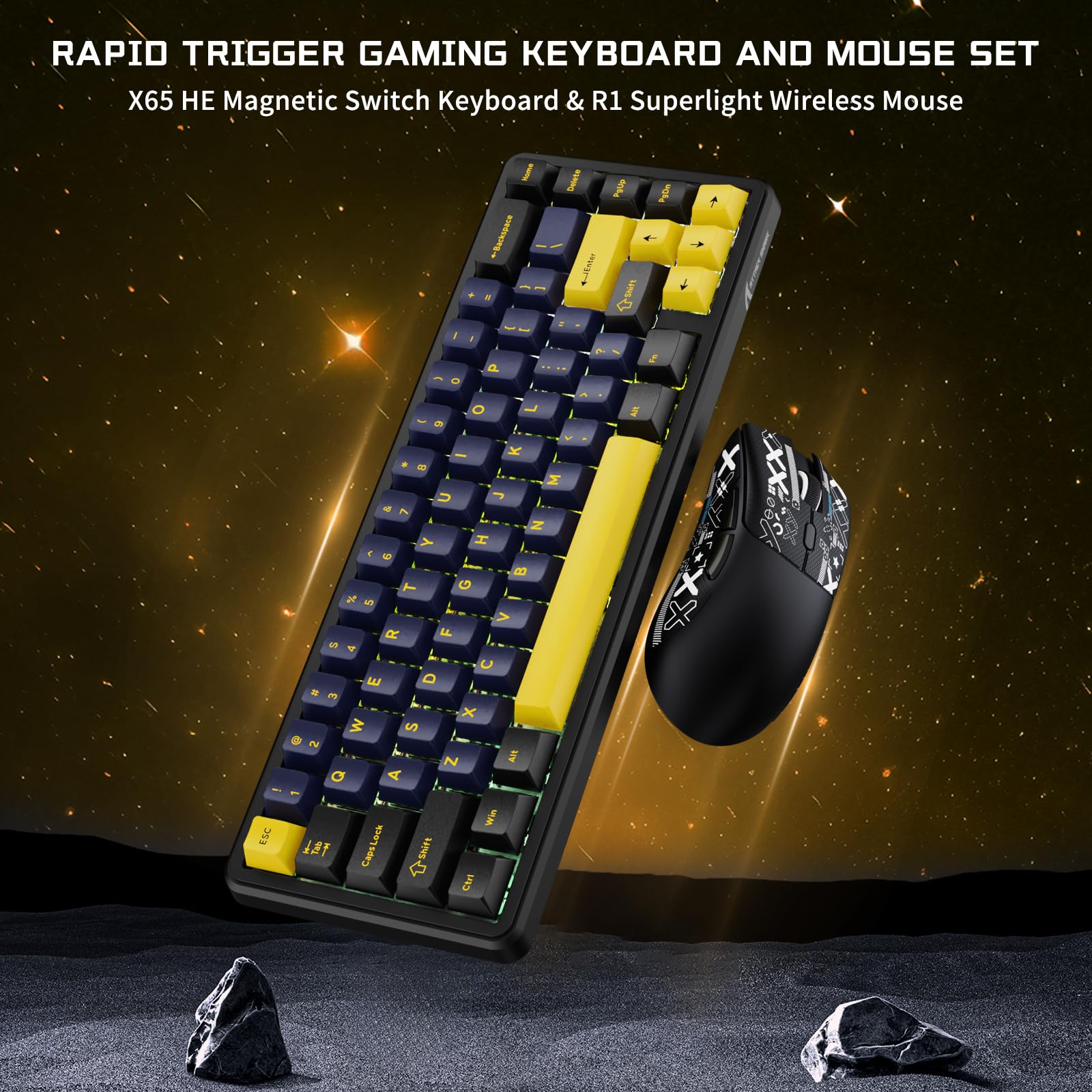 ATTACK SHARK Gaming-Tastatur & -Maus-Set, X65 HE Kabelgebundene Magnettastatur und R1 Kabellose 59g Superleichte Maus (8000Hz, RT 0,01mm, RGB, 65h Akku) - Sternenschwarz
