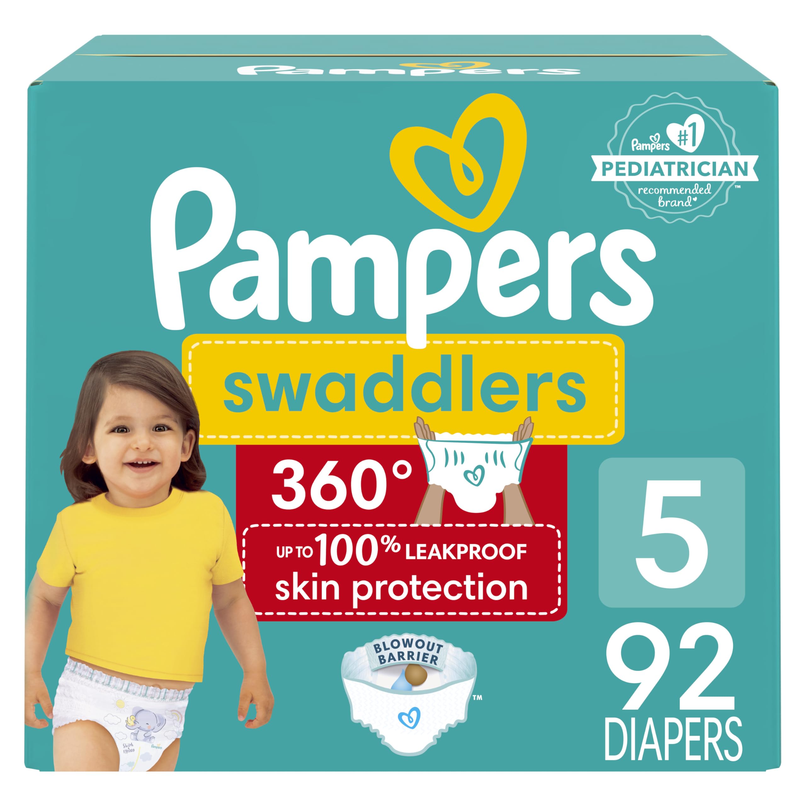 Pampers Swaddlers 360 Pull-On Diapers, Size 5, 92 Count for up to 100% Leakproof Skin Protection and Easy Changes