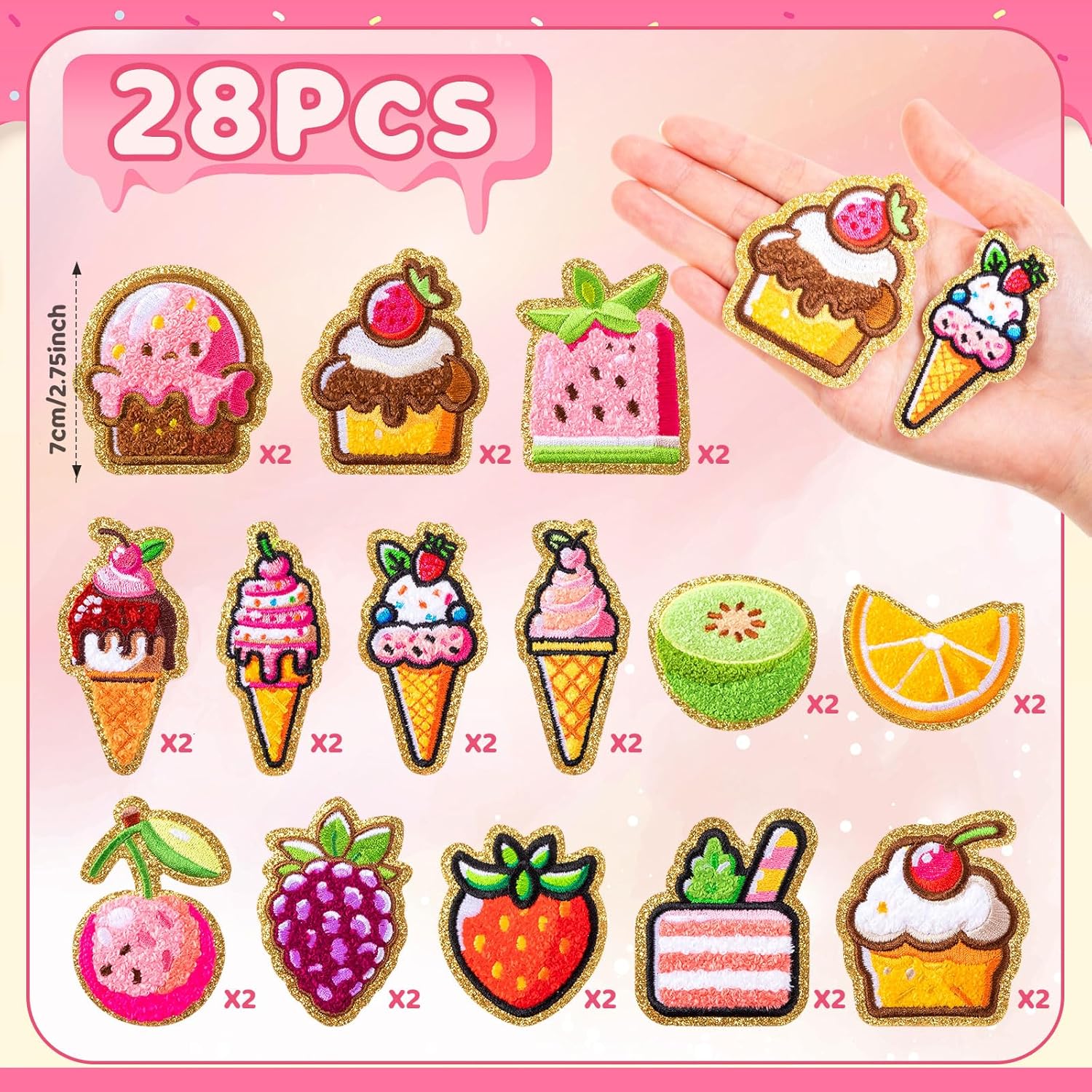 WILLBOND 28 Pcs Colorful Fruits Chenille Patches, Self Adhesive Cute Ice Cream Cupcake Stickers for Crafts, Notebook Decorations, Party Setups, Stationery DIY, Baking-Themed Parties Girls Women Gifts