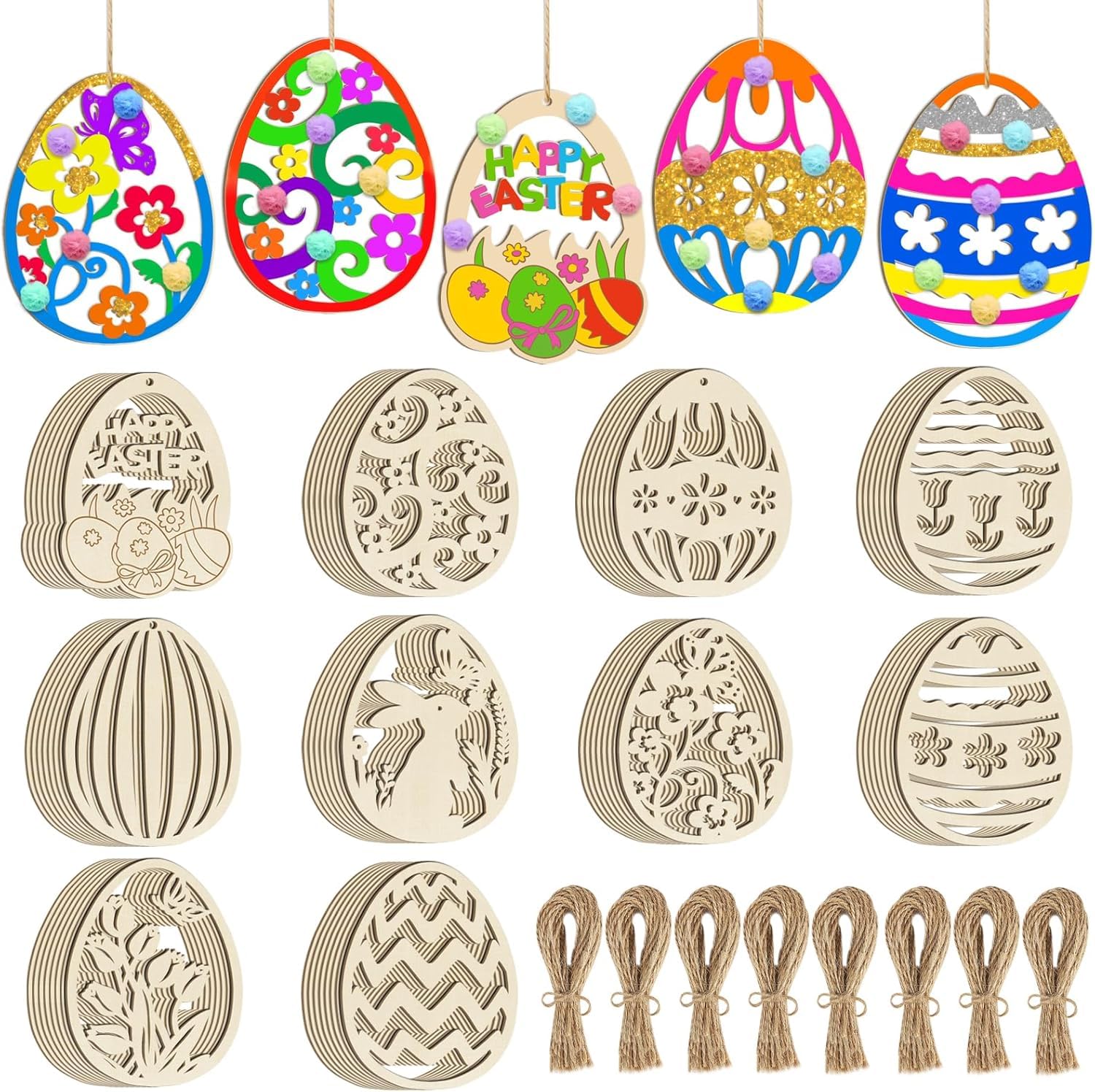 50 Pcs Wooden Easter Ornaments to Paint, 10 Styles DIY Blank Unfinished Wood Egg Cutouts Ornament Wood Pendants Pom-poms Glitter Pipe Cleaners for Kids Spring Classroom Home Activity Art Project