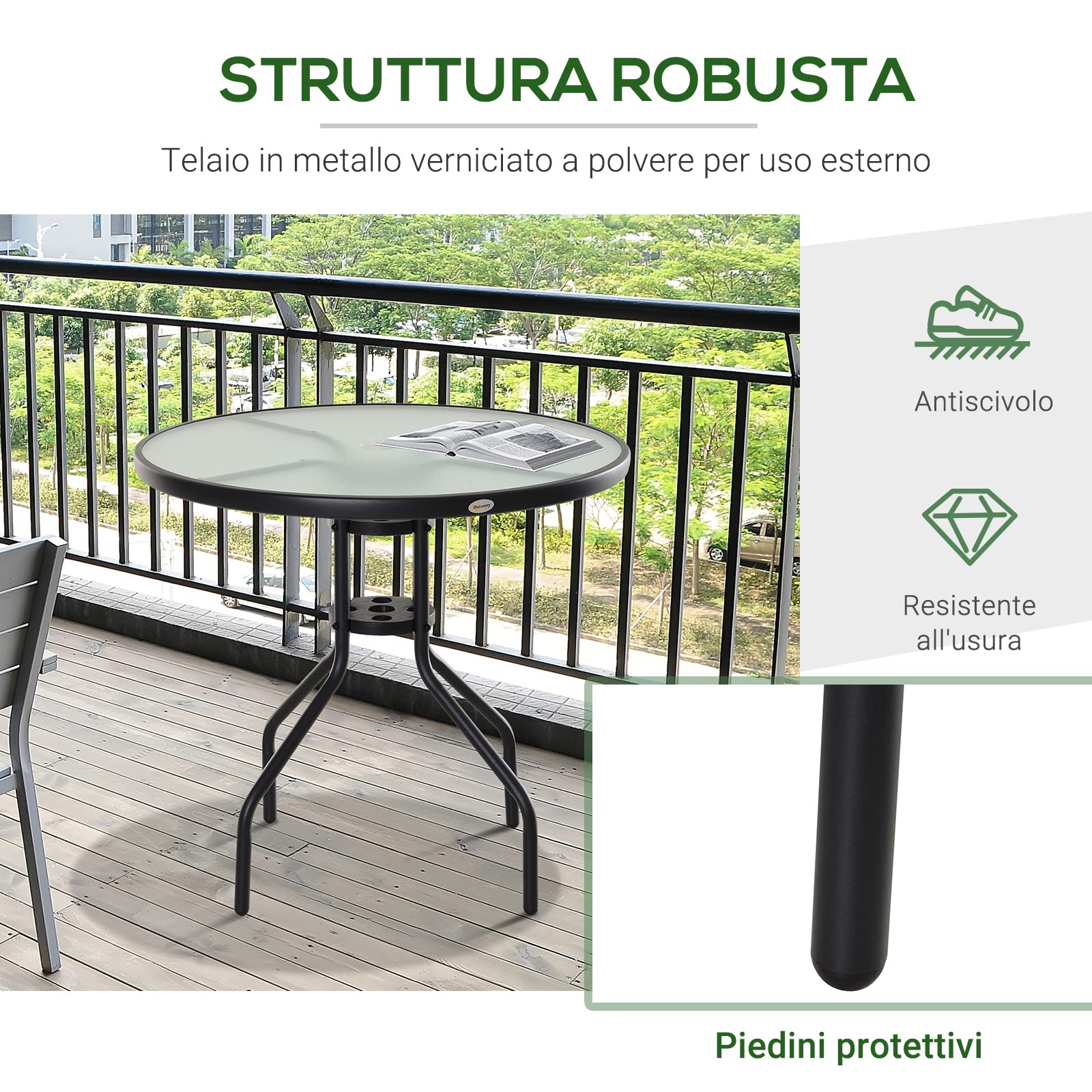 Outsunny Tavolino da Giardino con Piano in Vetro Temperato e Foro per Ombrellone Acciaio Ф80 x 72 cm Nero